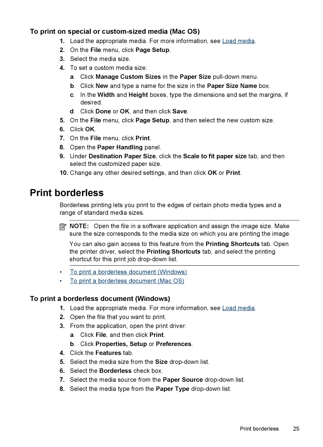 HP Pro K8600 Print borderless, To print on special or custom-sized media Mac OS, To print a borderless document Windows 