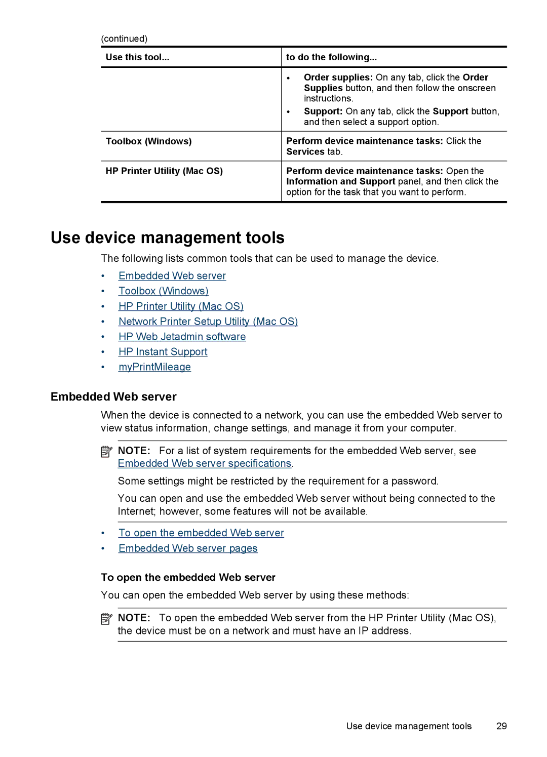 HP Pro K8600 manual Use device management tools, Embedded Web server, To open the embedded Web server 