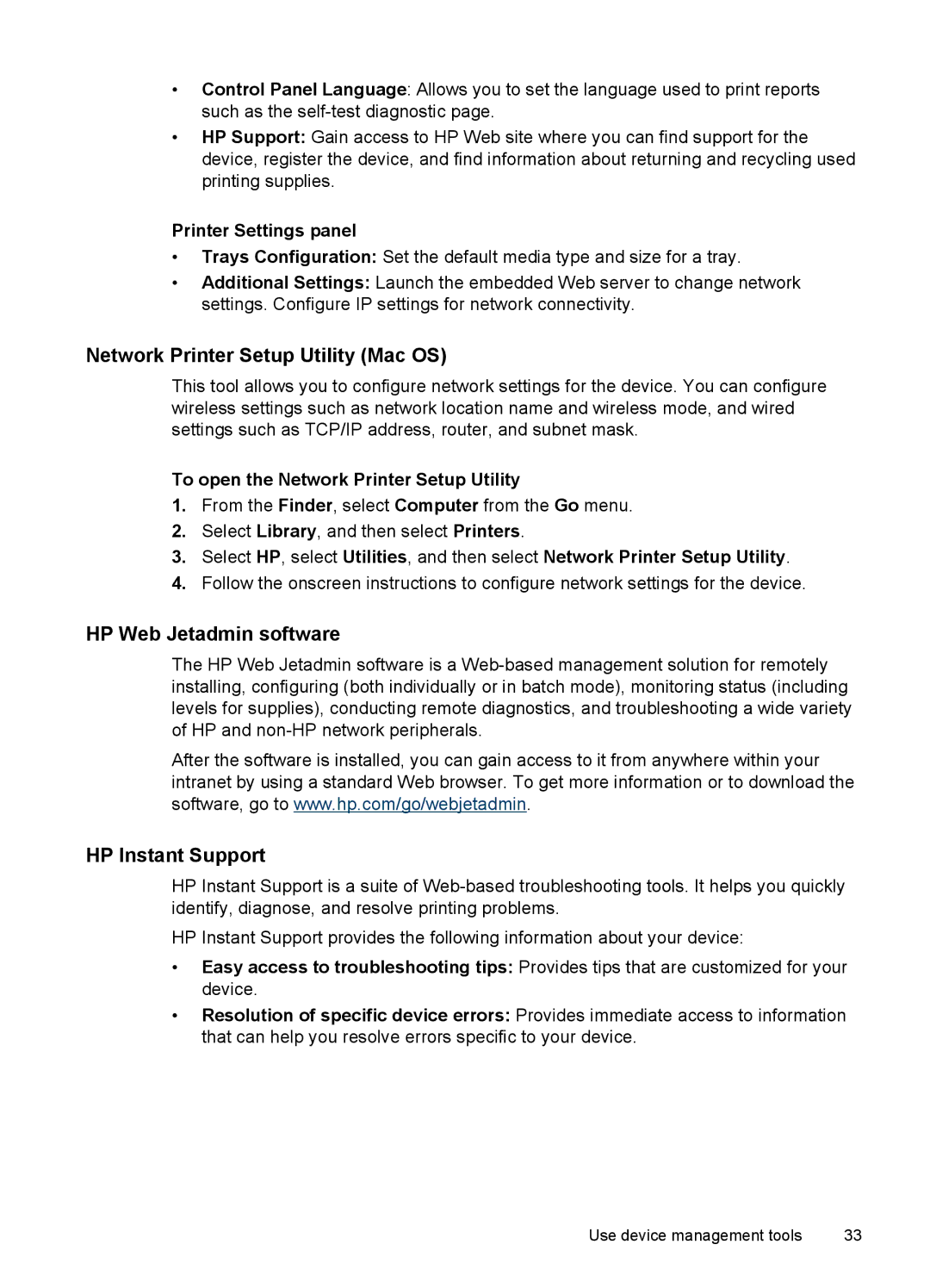 HP Pro K8600 Network Printer Setup Utility Mac OS, HP Web Jetadmin software, HP Instant Support, Printer Settings panel 