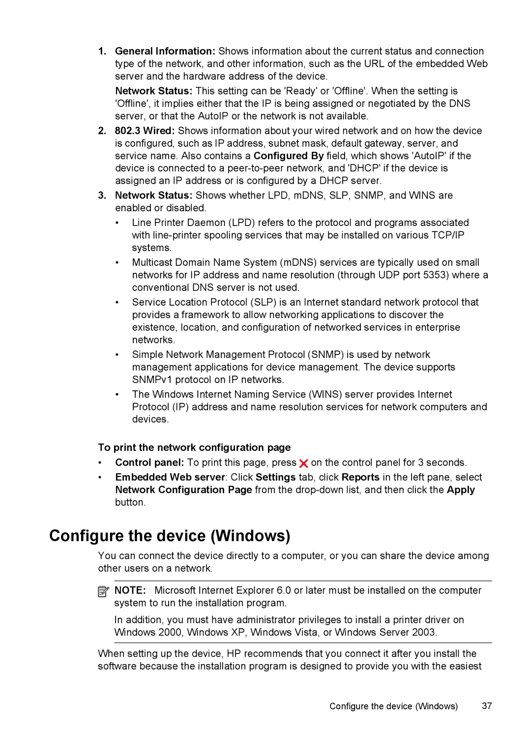 HP Pro K8600 manual Configure the device Windows, To print the network configuration 