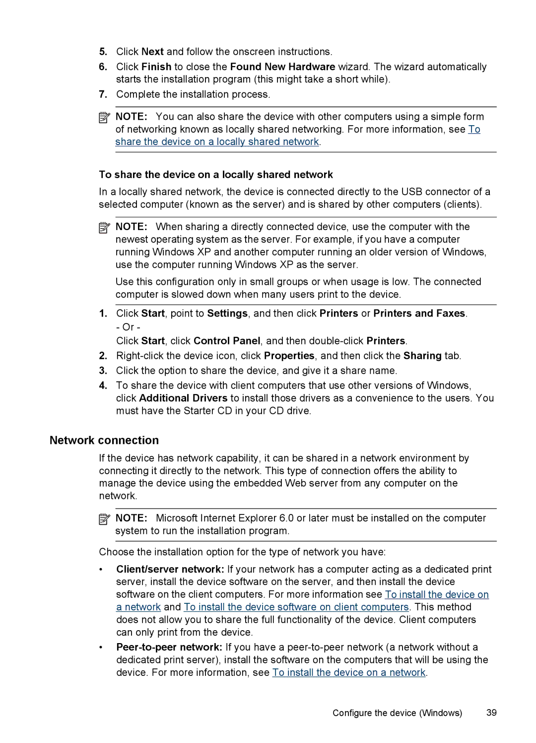 HP Pro K8600 manual Network connection, To share the device on a locally shared network 