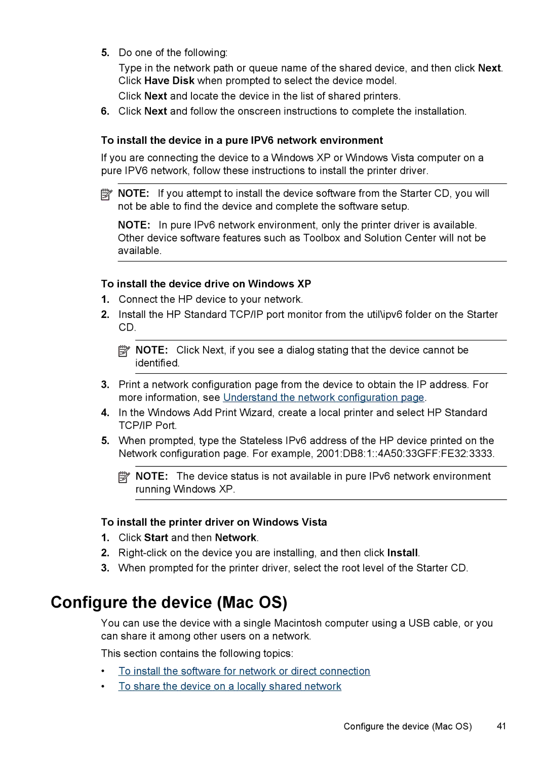 HP Pro K8600 manual Configure the device Mac OS, To install the device in a pure IPV6 network environment 