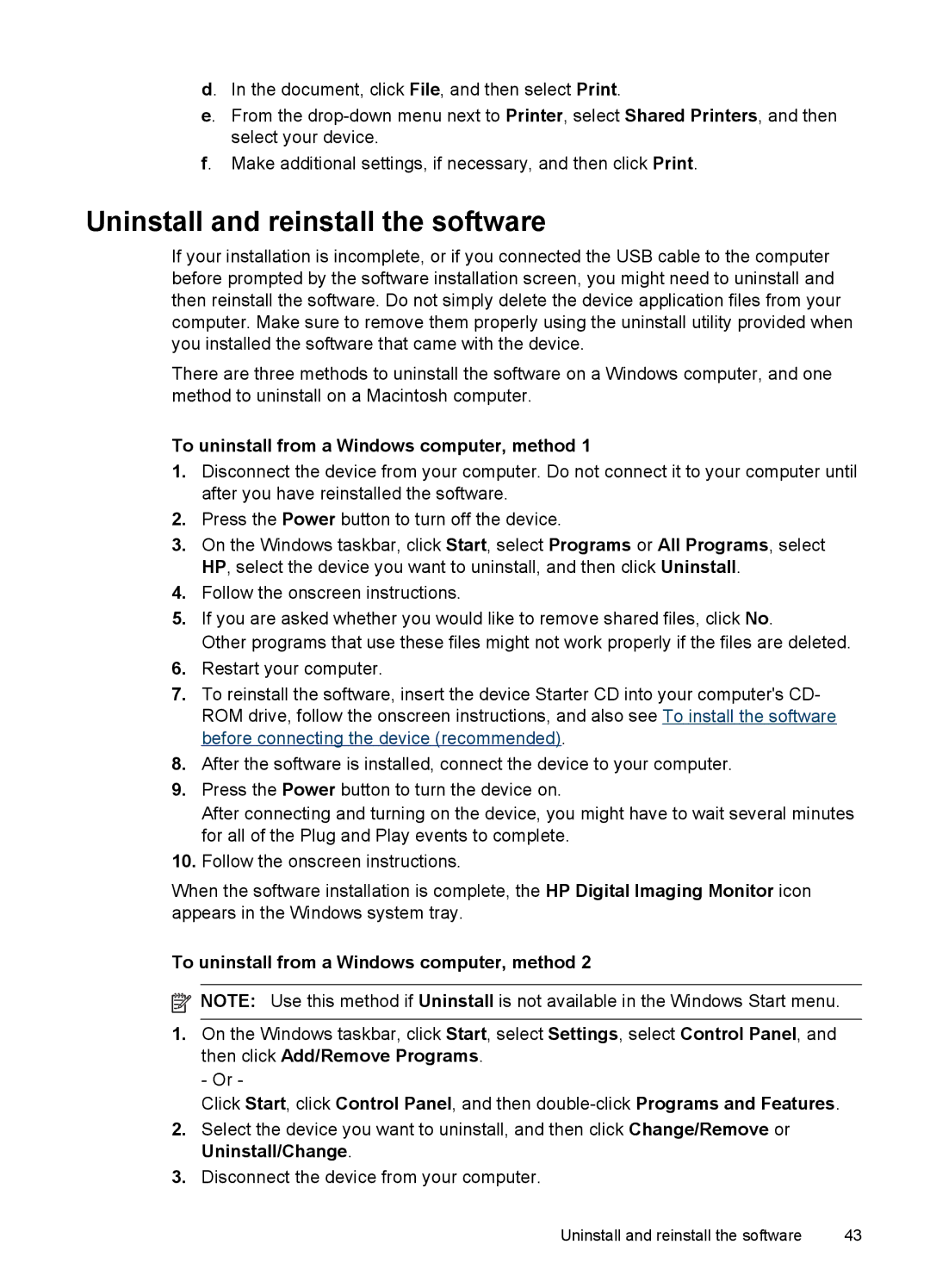 HP Pro K8600 manual Uninstall and reinstall the software, To uninstall from a Windows computer, method 