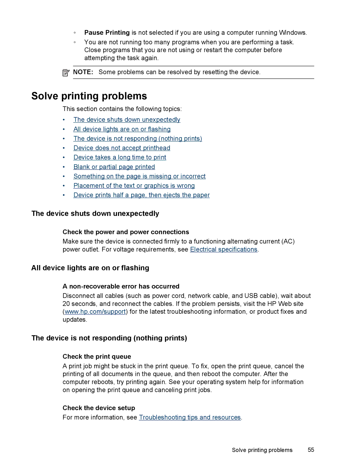 HP Pro K8600 manual Solve printing problems, Device shuts down unexpectedly, All device lights are on or flashing 