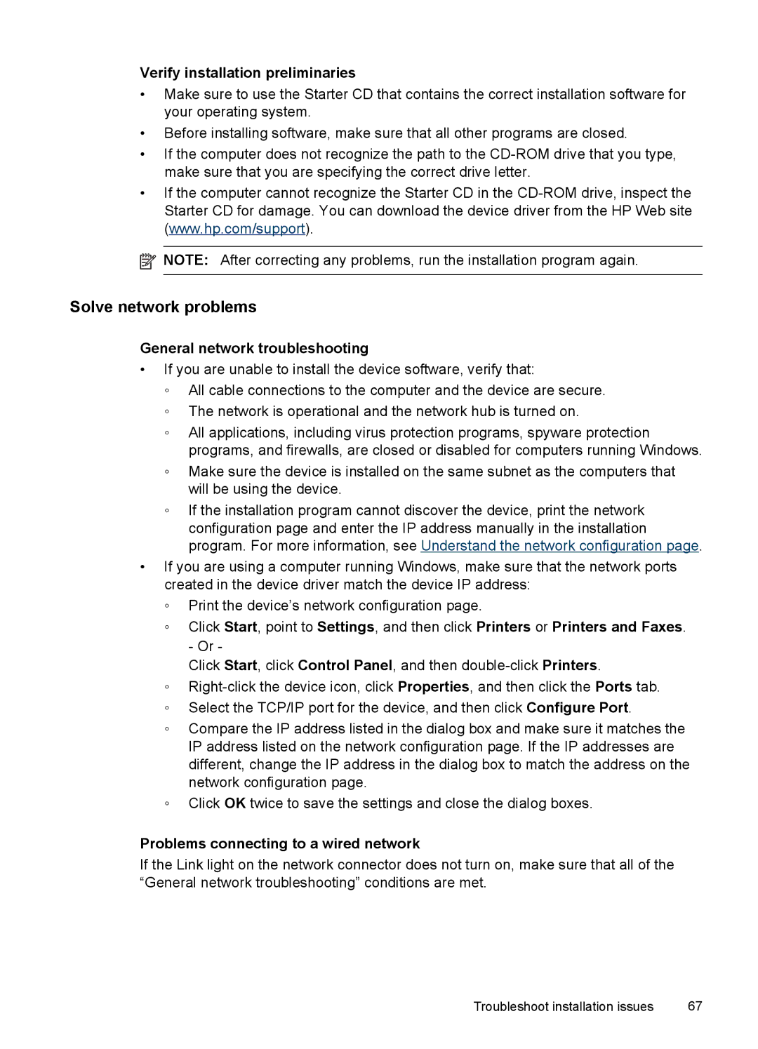 HP Pro K8600 manual Solve network problems, Verify installation preliminaries, General network troubleshooting 