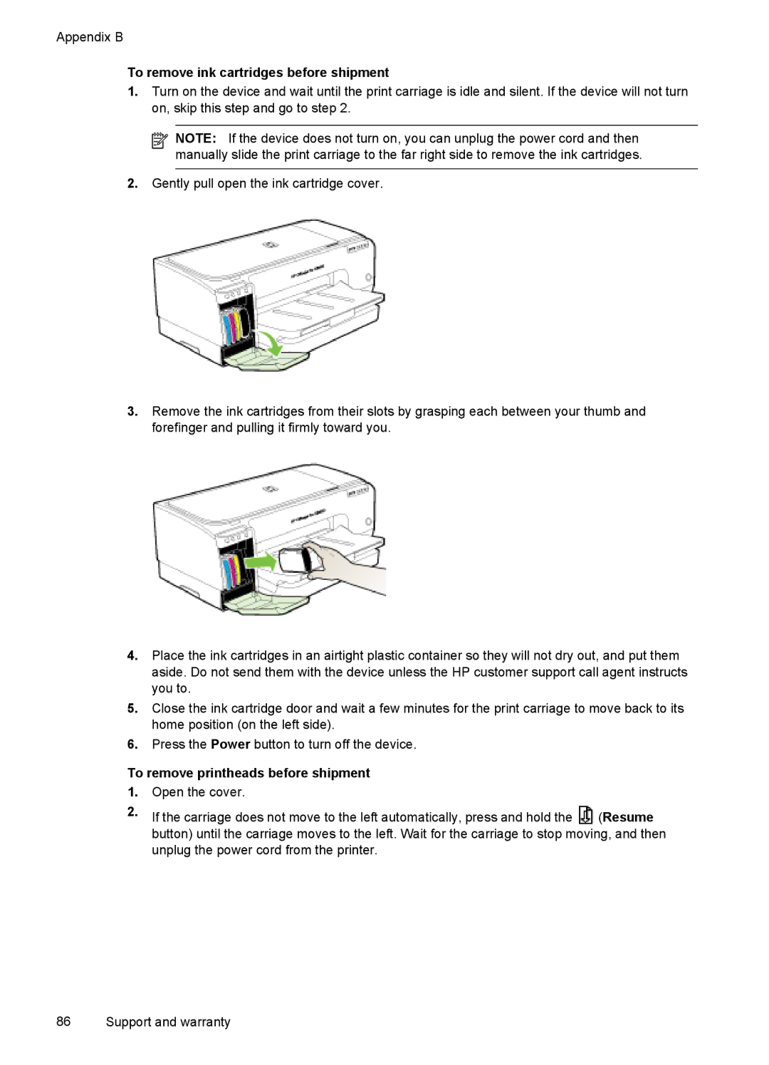 HP Pro K8600 manual To remove ink cartridges before shipment, To remove printheads before shipment 