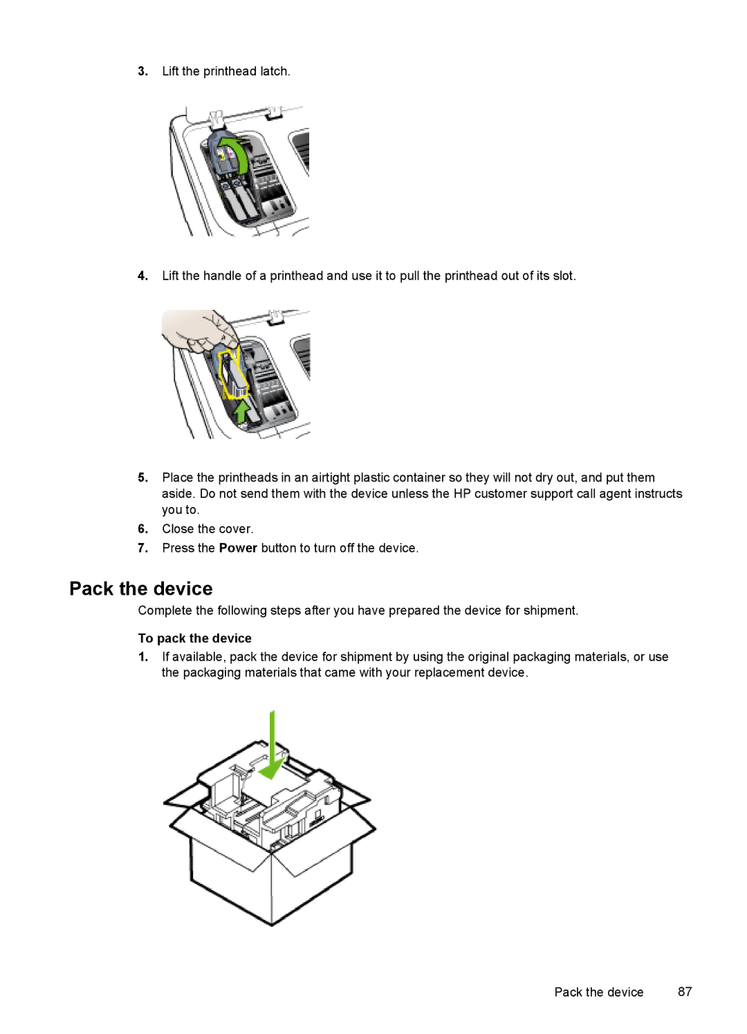 HP Pro K8600 manual Pack the device, To pack the device 