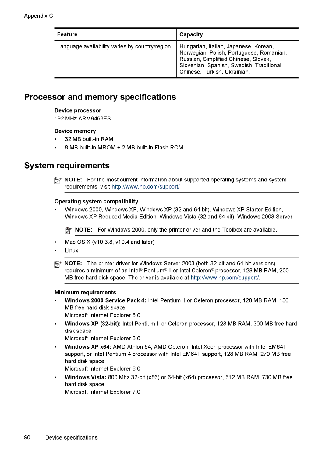 HP Pro K8600 manual Processor and memory specifications, System requirements 