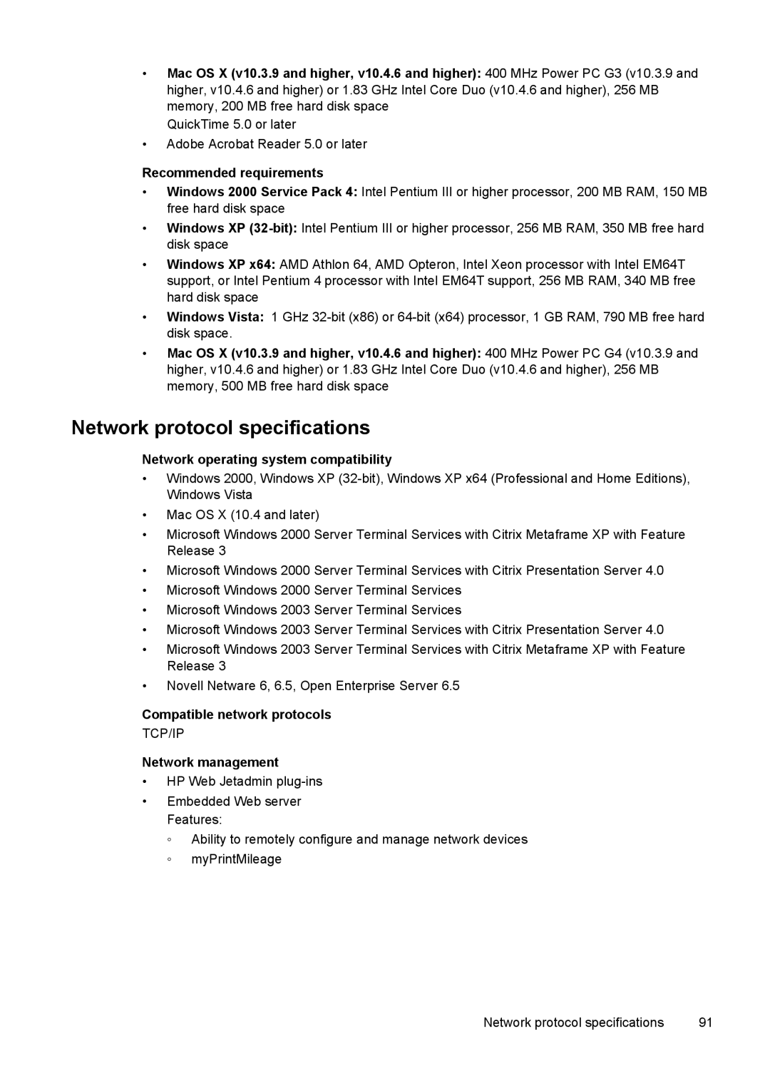 HP Pro K8600 manual Network protocol specifications, Recommended requirements, Network operating system compatibility 