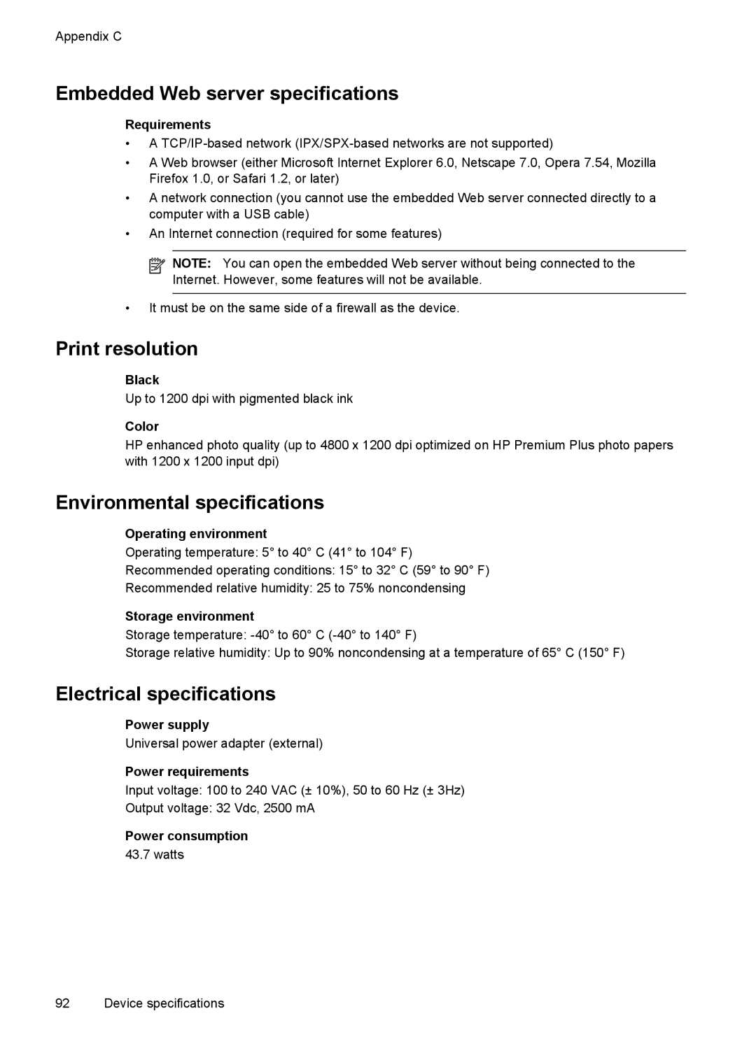 HP Pro K8600 Embedded Web server specifications, Print resolution, Environmental specifications, Electrical specifications 