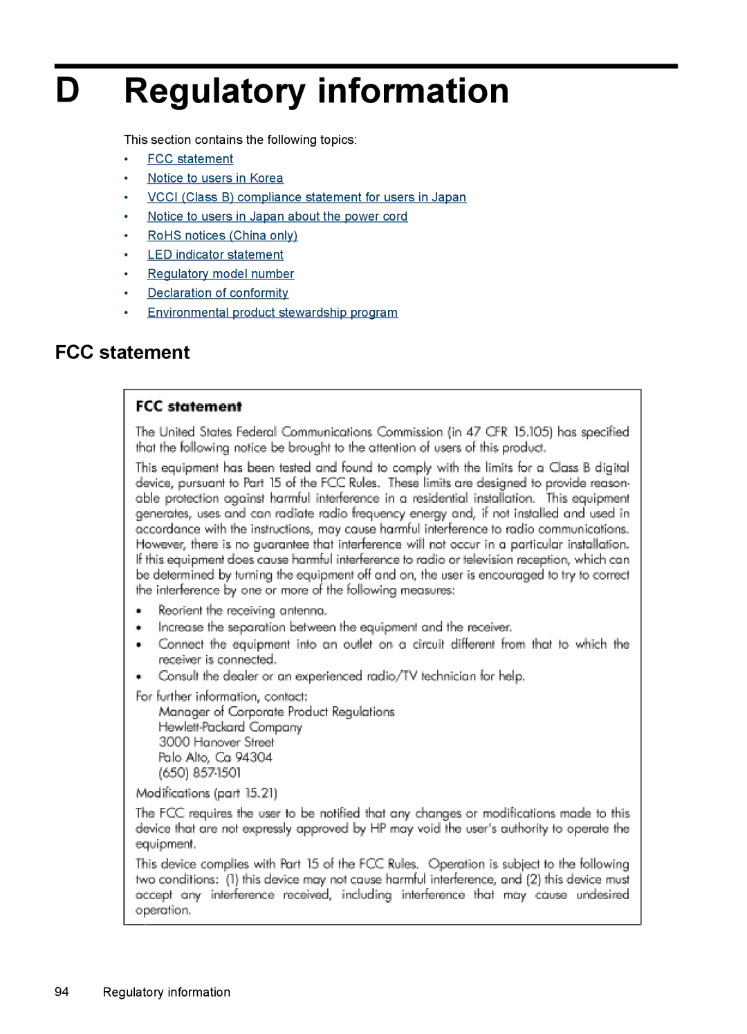 HP Pro K8600 manual Regulatory information, FCC statement 