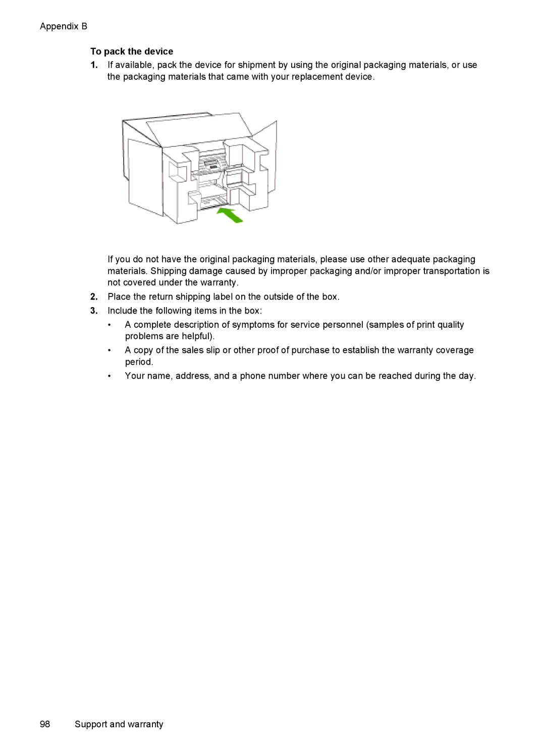 HP Pro L7400 manual To pack the device 