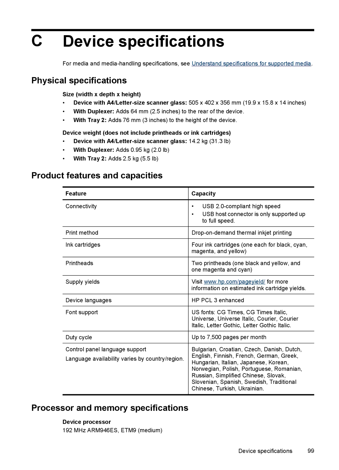 HP Pro L7400 manual Device specifications, Physical specifications, Product features and capacities 