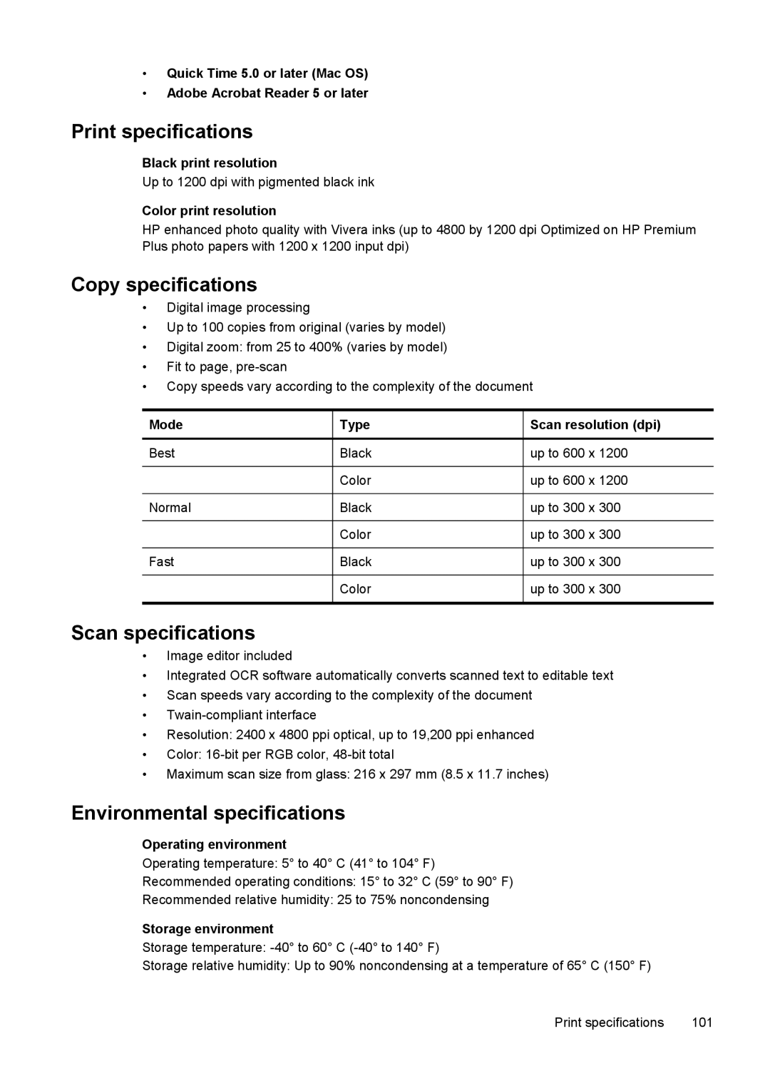 HP Pro L7400 manual Print specifications, Copy specifications, Scan specifications, Environmental specifications 