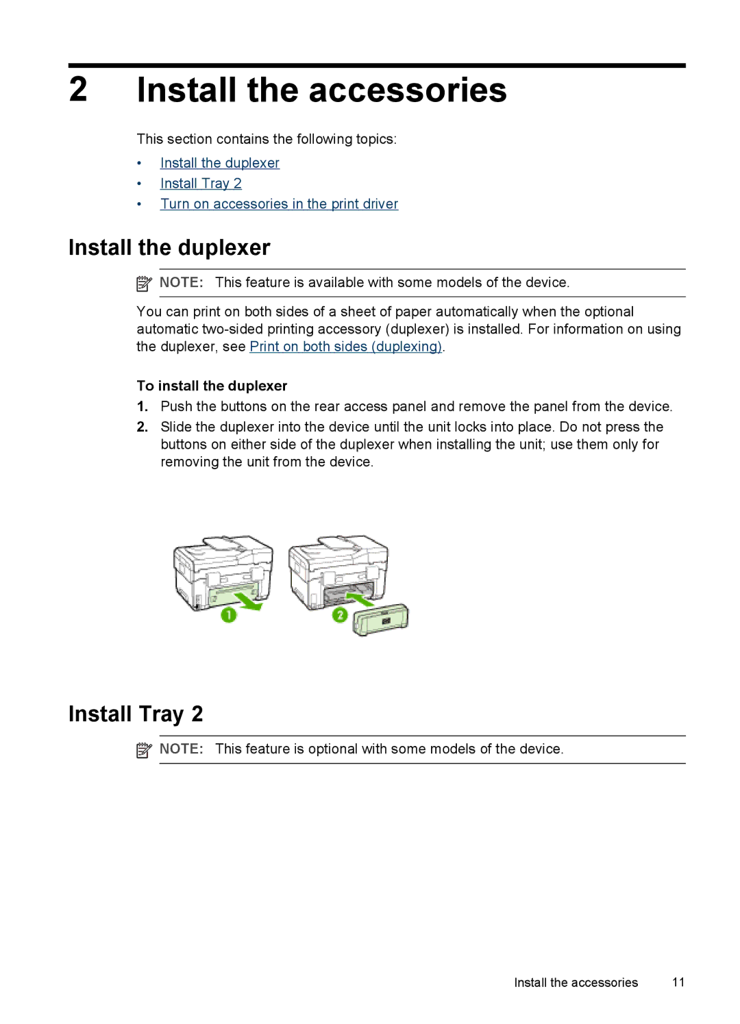 HP Pro L7400 manual Install the accessories, Install the duplexer, Install Tray, To install the duplexer 