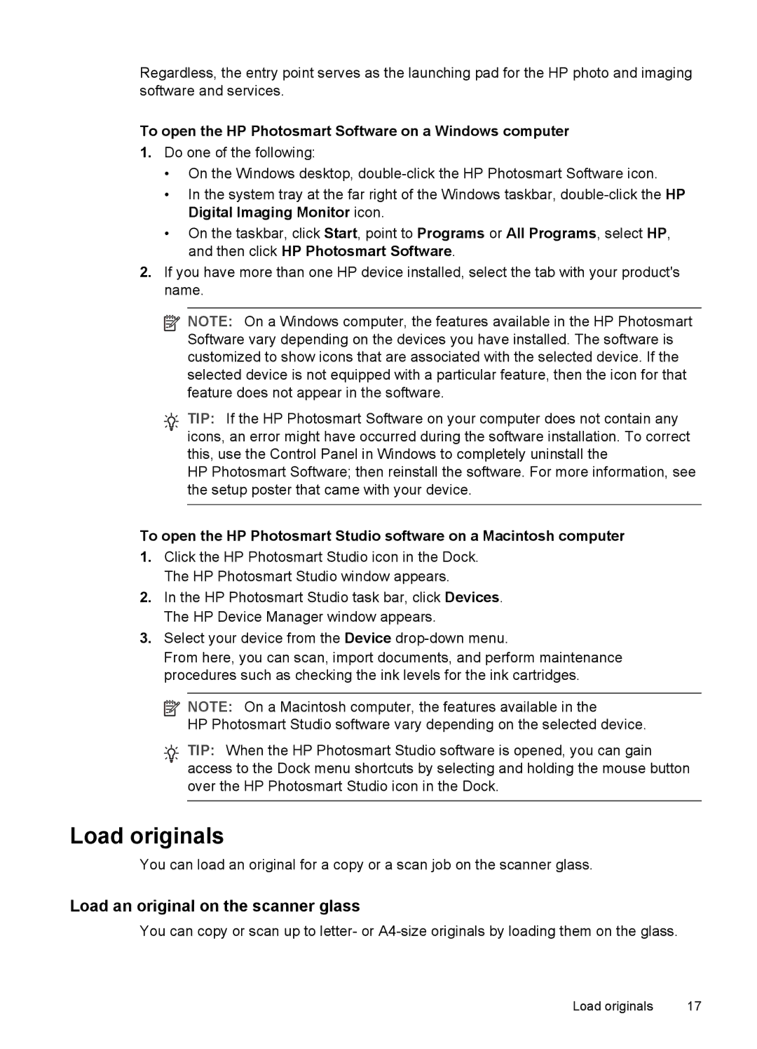 HP Pro L7400 manual Load originals, Load an original on the scanner glass 