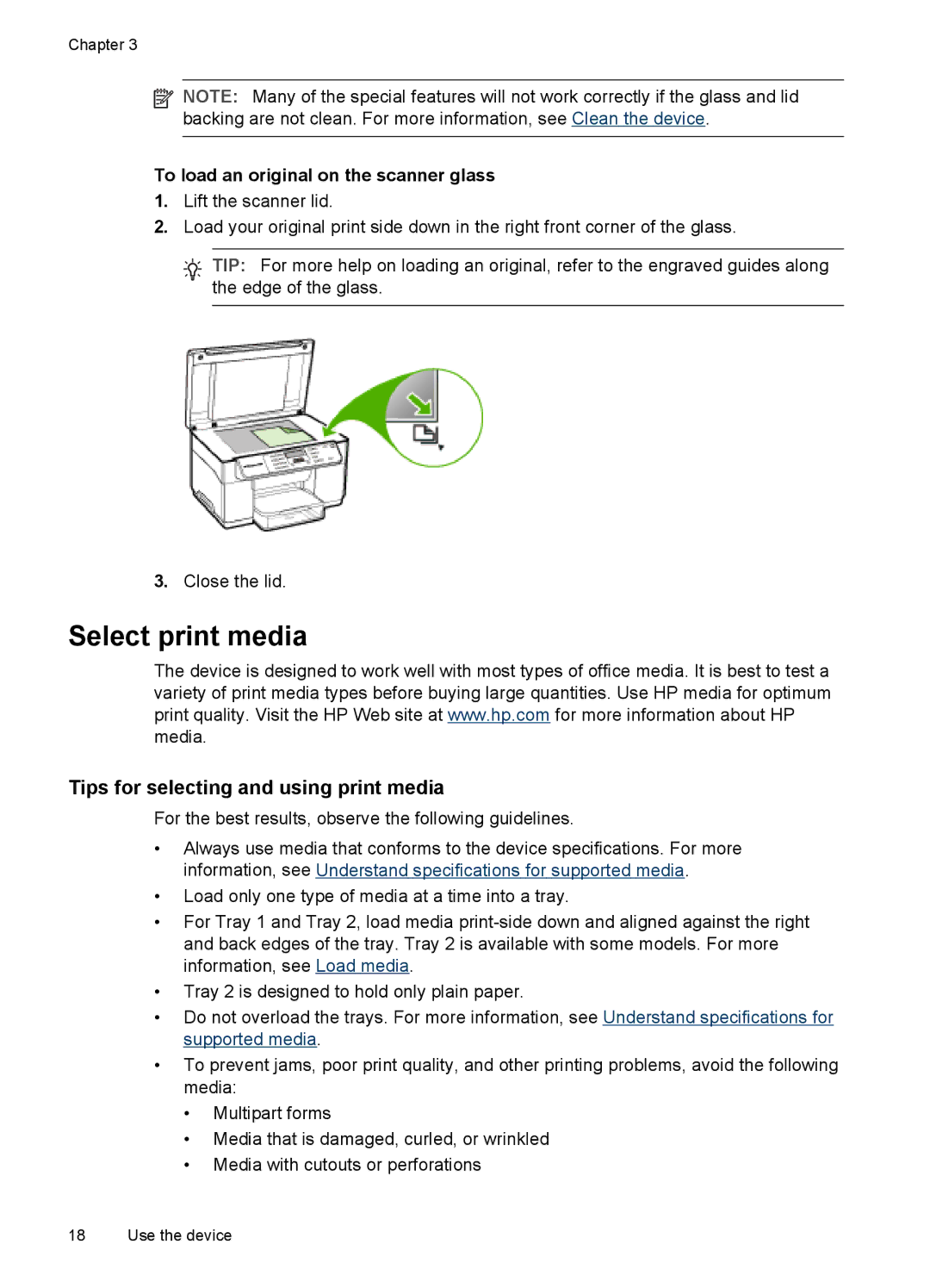 HP Pro L7400 manual Select print media, Tips for selecting and using print media, To load an original on the scanner glass 