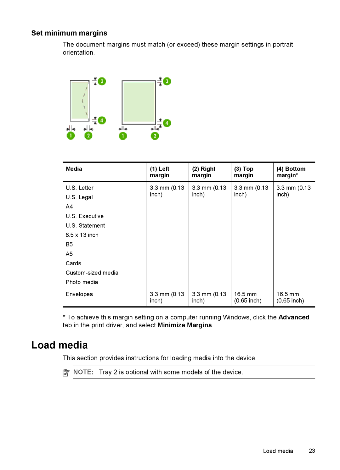 HP Pro L7400 manual Load media, Set minimum margins, Media Left Right Top Bottom Margin 