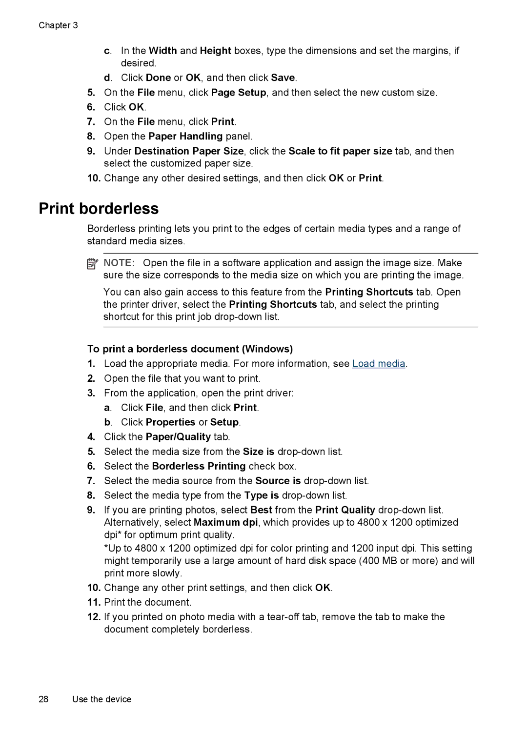 HP Pro L7400 manual Print borderless, To print a borderless document Windows, Click Properties or Setup 