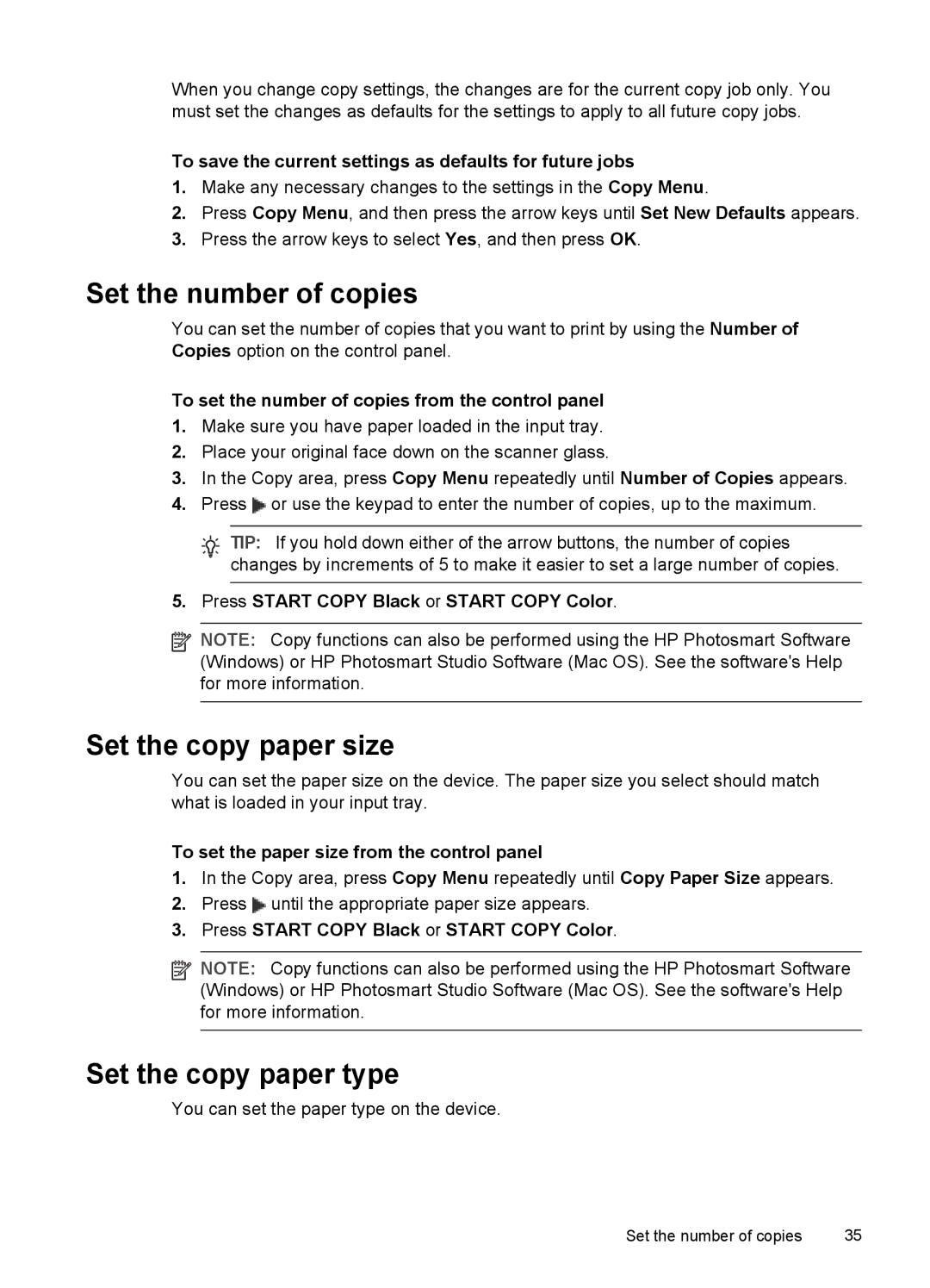 HP Pro L7400 manual Set the number of copies, Set the copy paper size, Set the copy paper type 