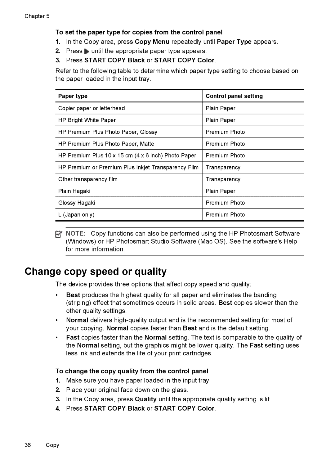 HP Pro L7400 manual Change copy speed or quality, To set the paper type for copies from the control panel 