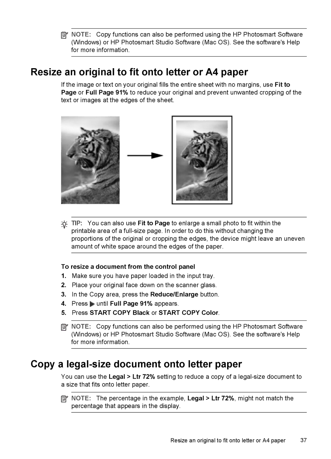 HP Pro L7400 manual Resize an original to fit onto letter or A4 paper, Copy a legal-size document onto letter paper 