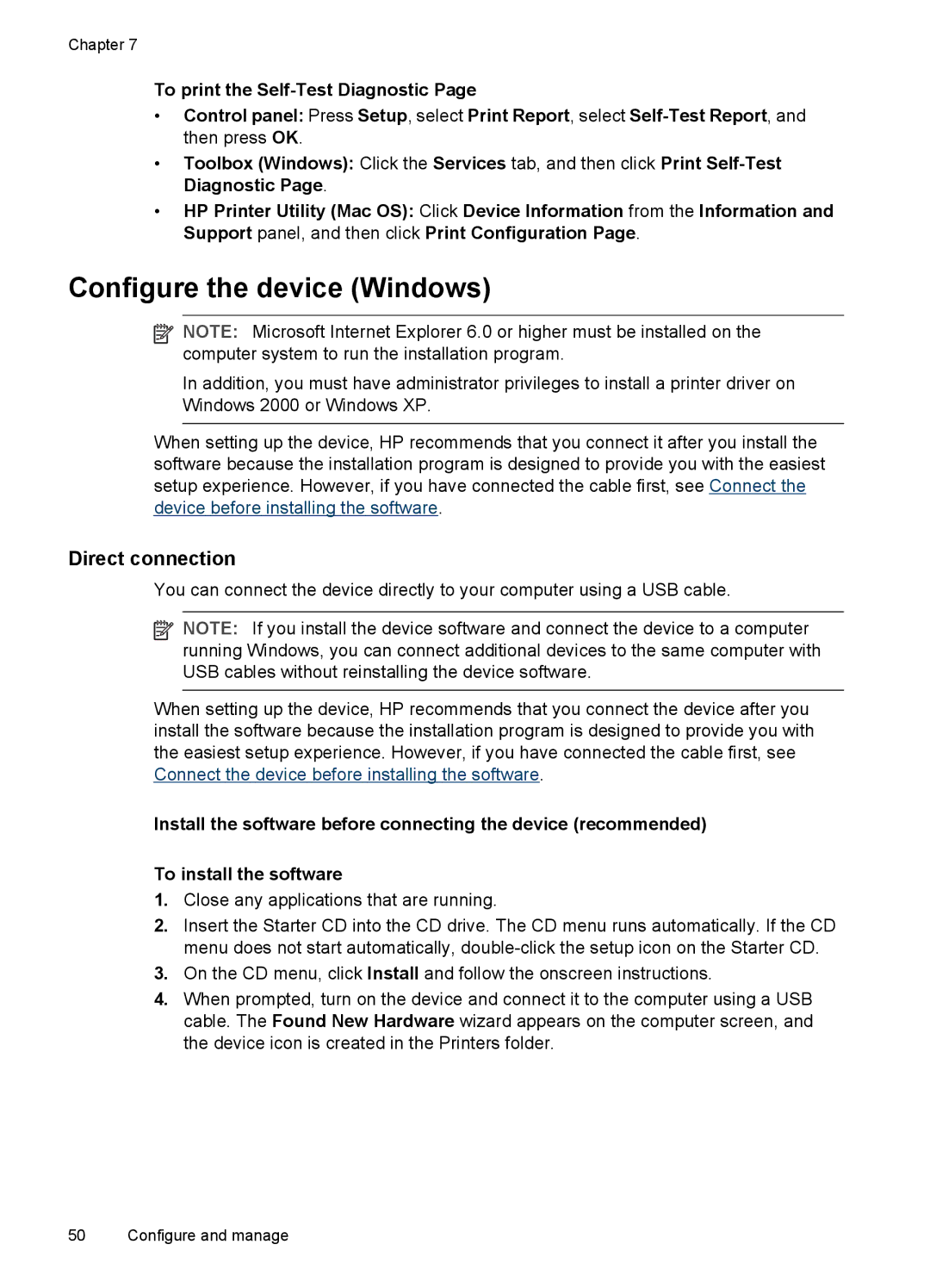 HP Pro L7400 manual Configure the device Windows, Direct connection 