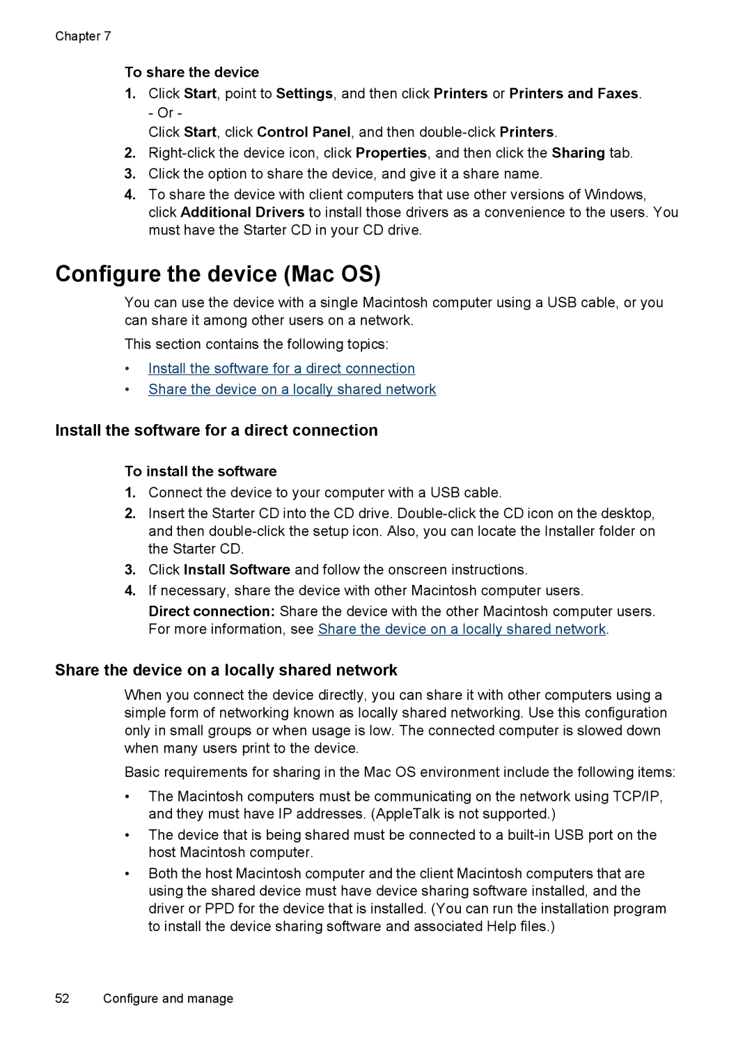 HP Pro L7400 manual Configure the device Mac OS, Install the software for a direct connection 