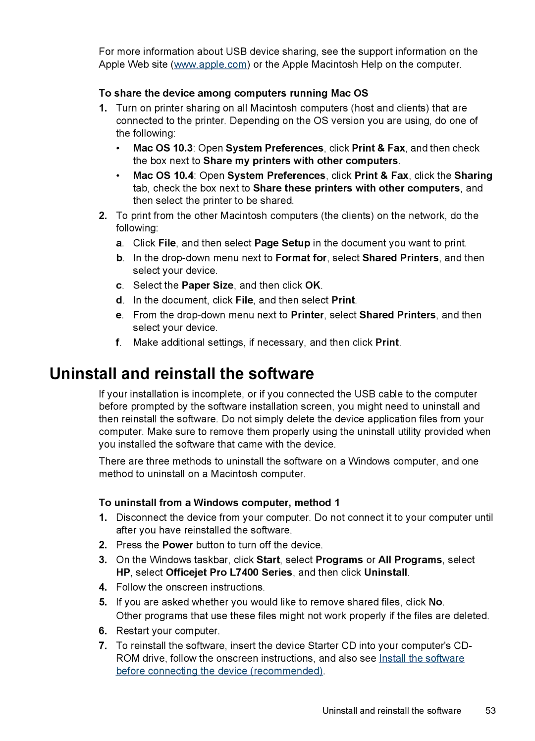 HP Pro L7400 manual Uninstall and reinstall the software, To share the device among computers running Mac OS 