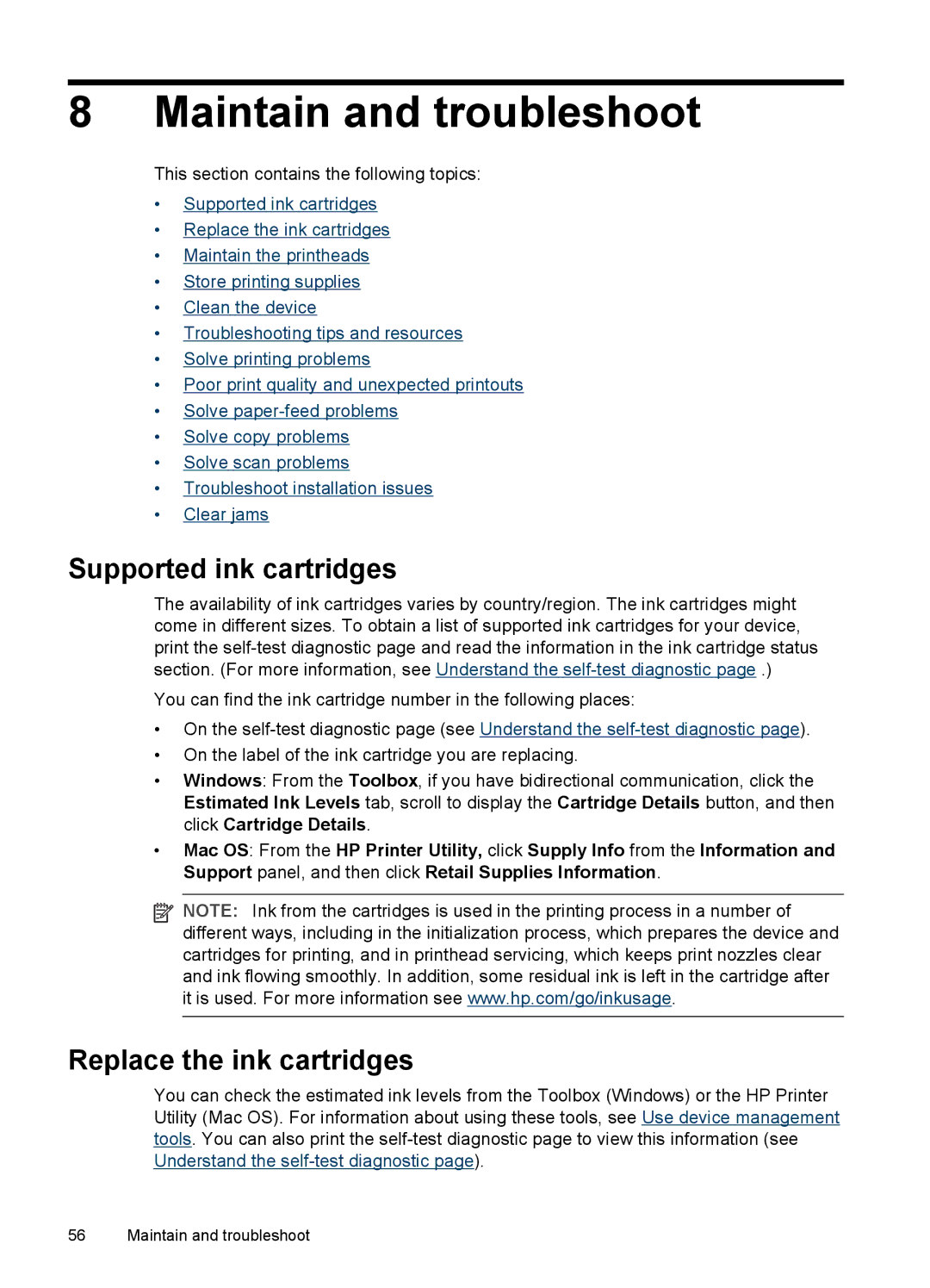 HP Pro L7400 manual Maintain and troubleshoot, Supported ink cartridges, Replace the ink cartridges 