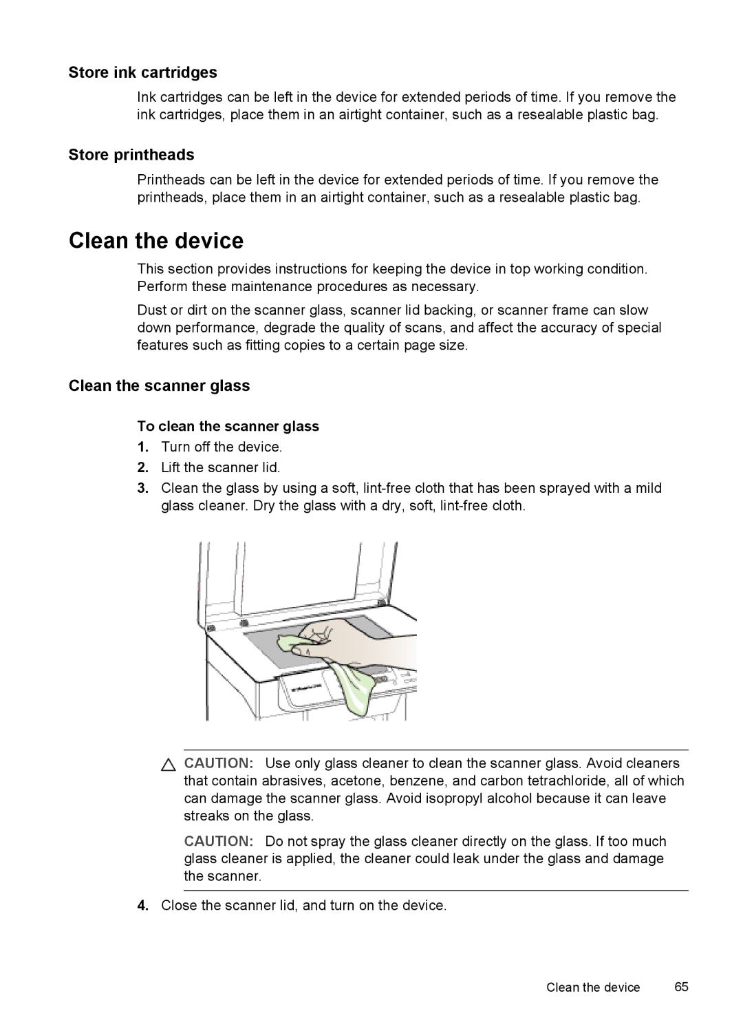 HP Pro L7400 Clean the device, Store ink cartridges, Store printheads, Clean the scanner glass, To clean the scanner glass 