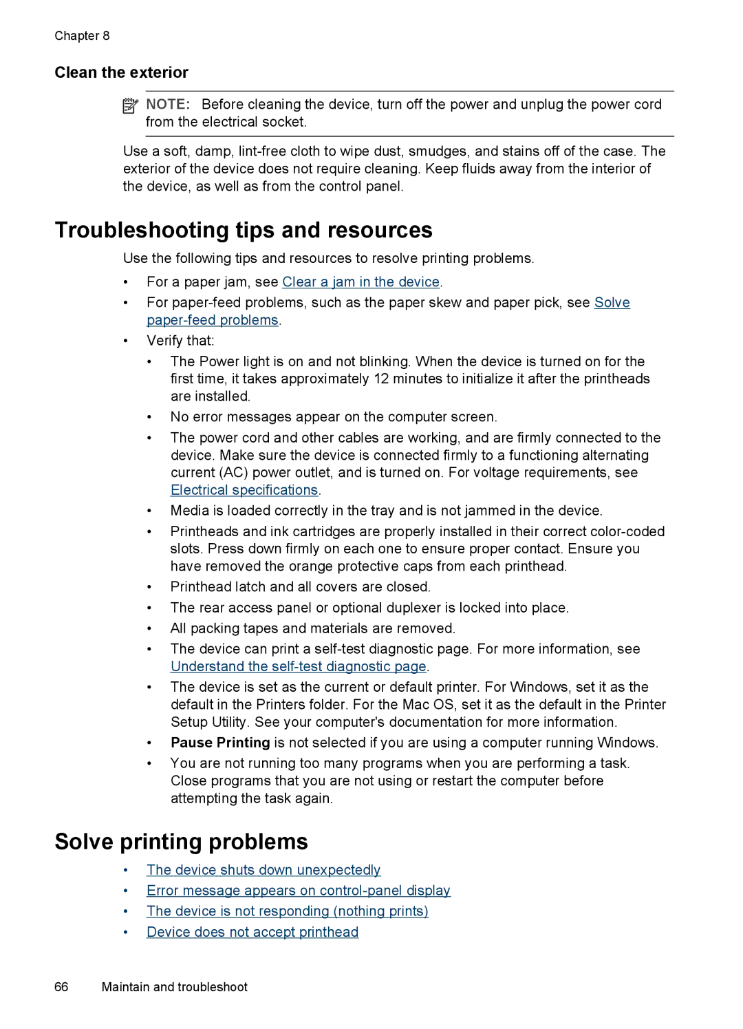 HP Pro L7400 manual Troubleshooting tips and resources, Solve printing problems, Clean the exterior 