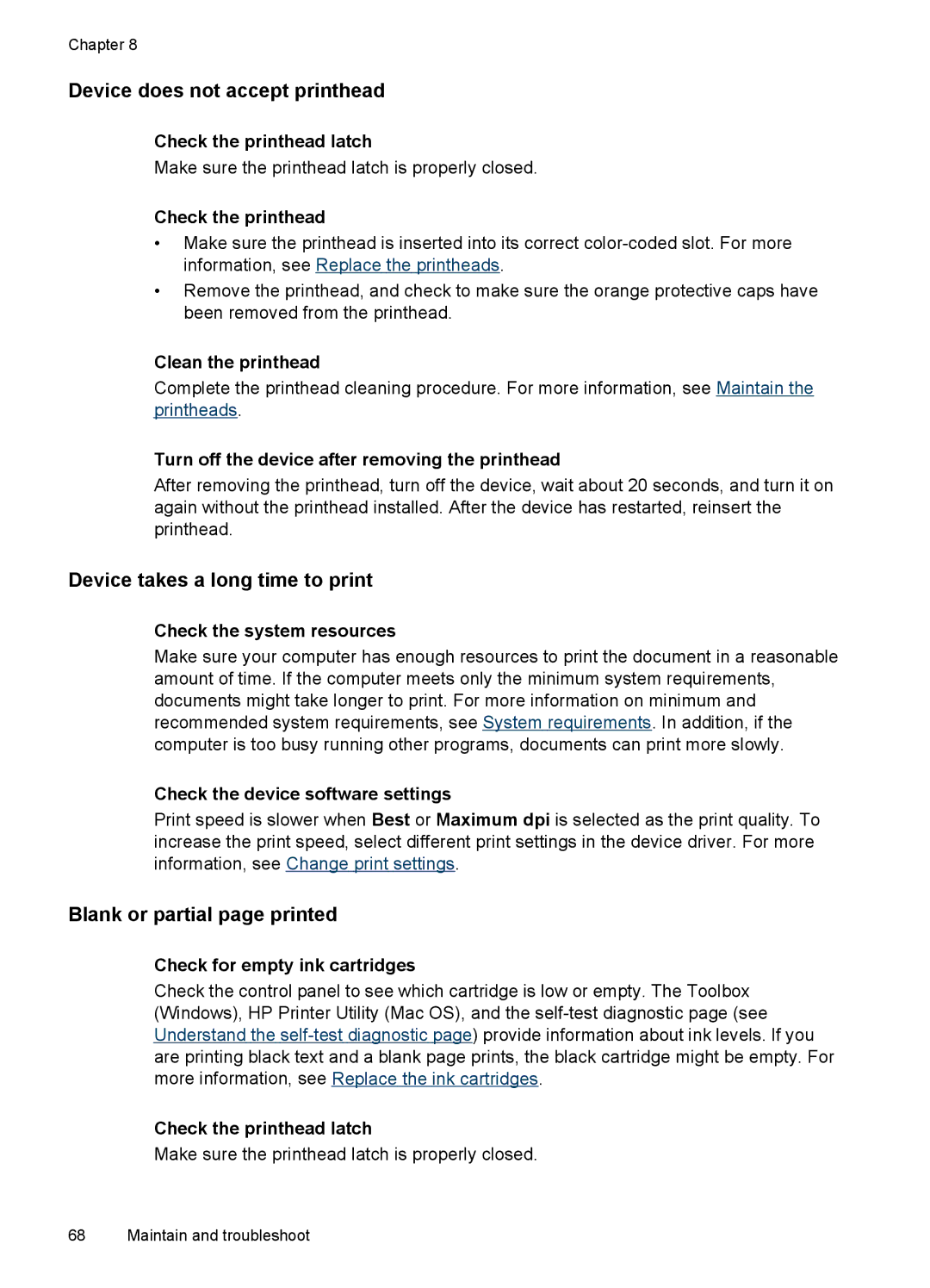 HP Pro L7400 manual Device does not accept printhead, Device takes a long time to print, Blank or partial page printed 