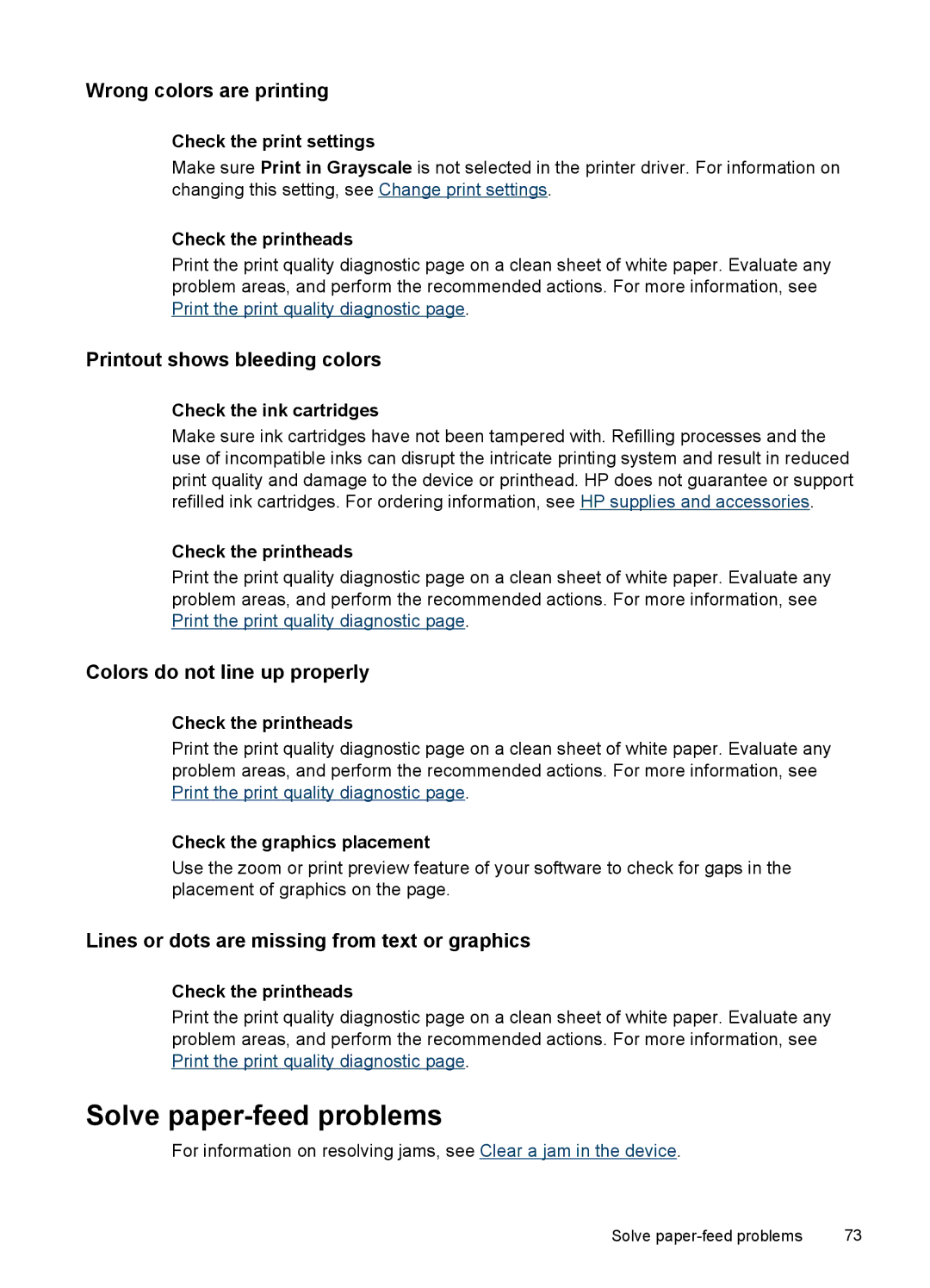 HP Pro L7400 manual Solve paper-feed problems, Wrong colors are printing, Printout shows bleeding colors 