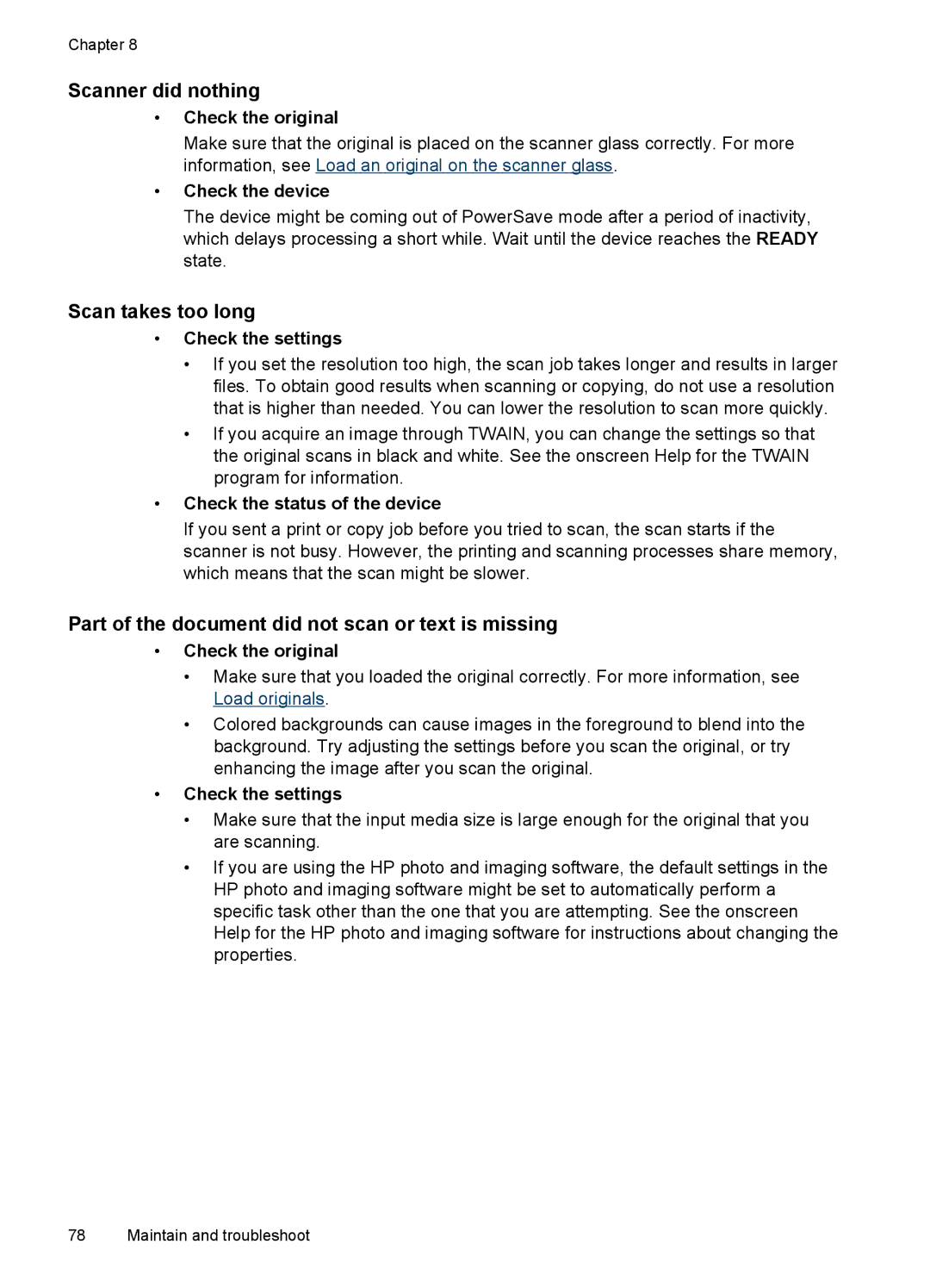 HP Pro L7400 manual Scanner did nothing, Scan takes too long, Part of the document did not scan or text is missing 