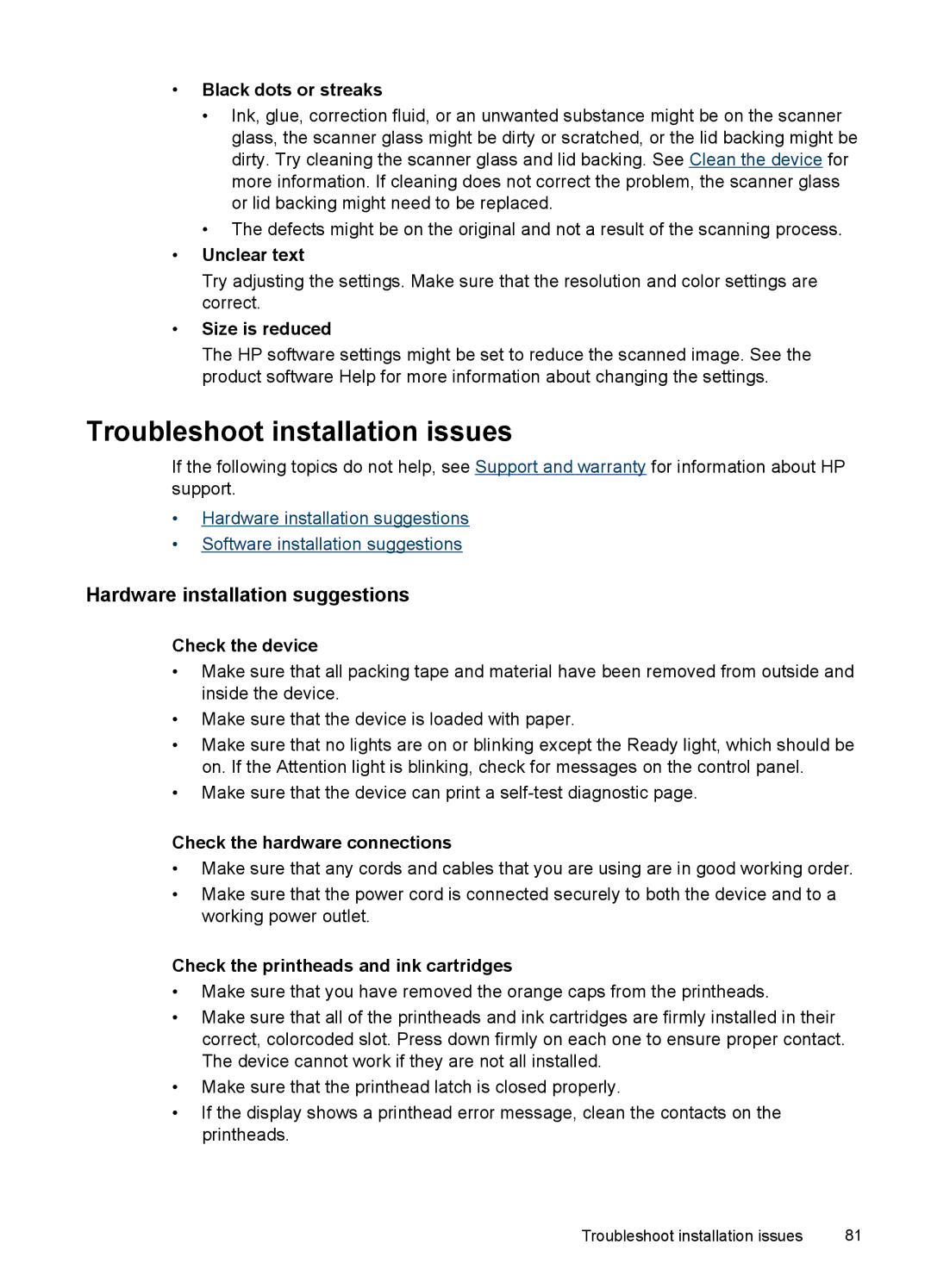 HP Pro L7400 manual Troubleshoot installation issues, Hardware installation suggestions, Size is reduced 