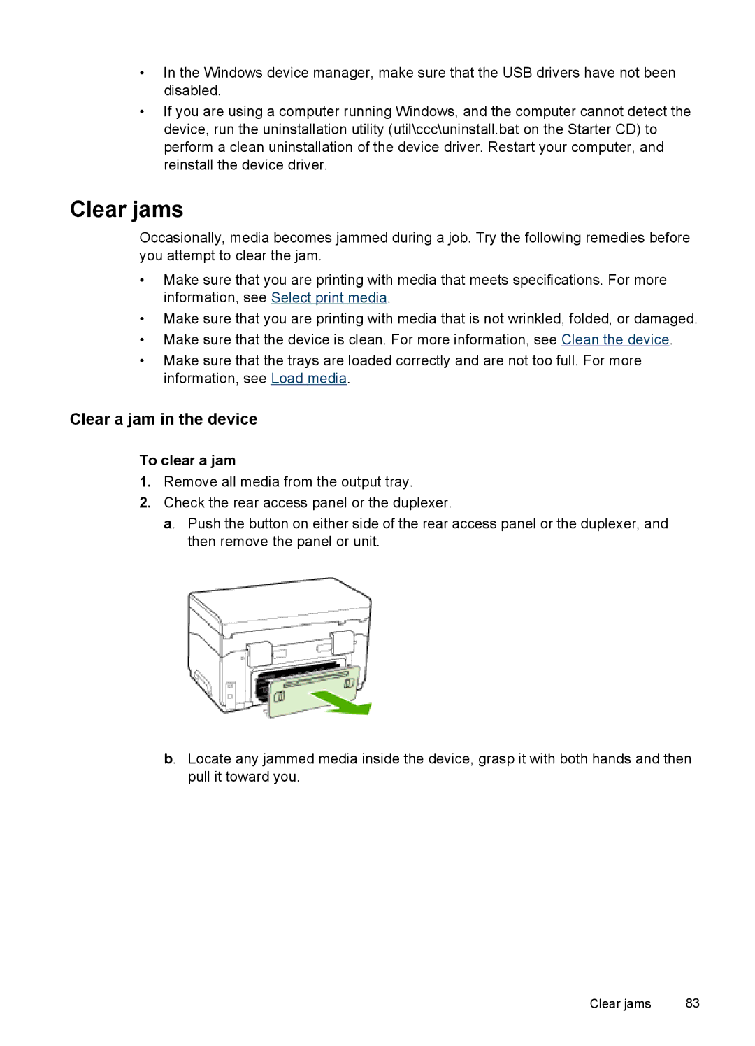 HP Pro L7400 manual Clear jams, Clear a jam in the device, To clear a jam 