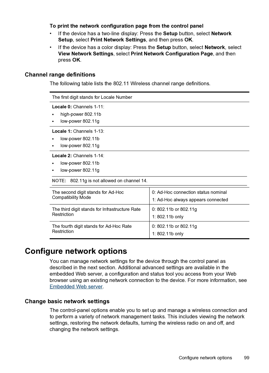 HP PRO L7500 manual Configure network options, Channel range definitions, Change basic network settings 