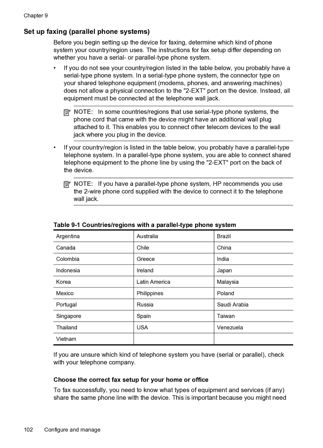 HP PRO L7500 manual Set up faxing parallel phone systems, Countries/regions with a parallel-type phone system 