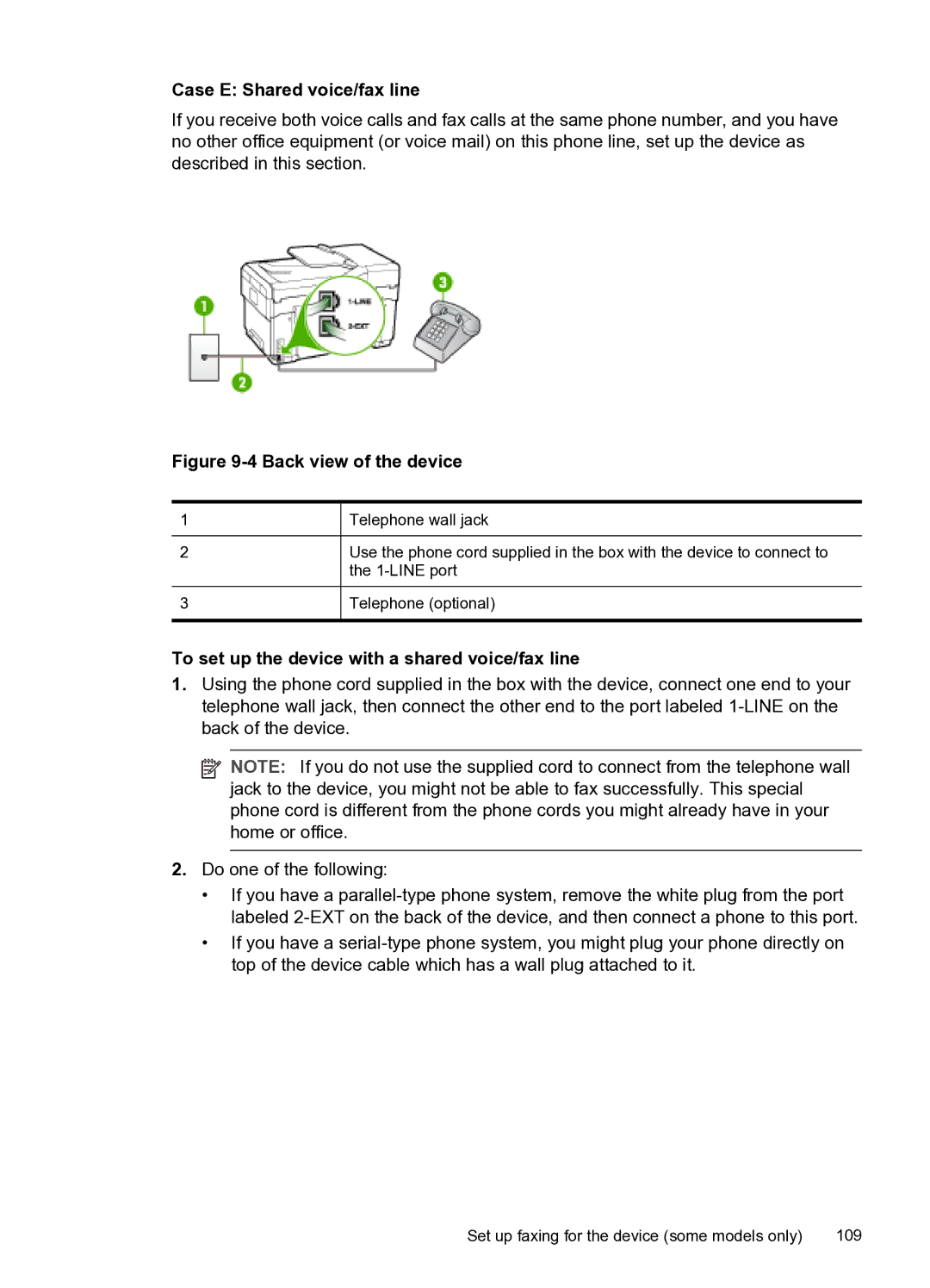 HP PRO L7500 manual Case E Shared voice/fax line, To set up the device with a shared voice/fax line 