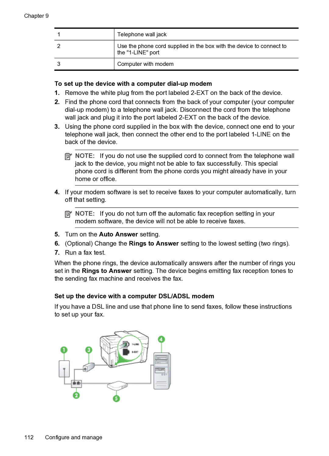 HP PRO L7500 manual To set up the device with a computer dial-up modem, Set up the device with a computer DSL/ADSL modem 