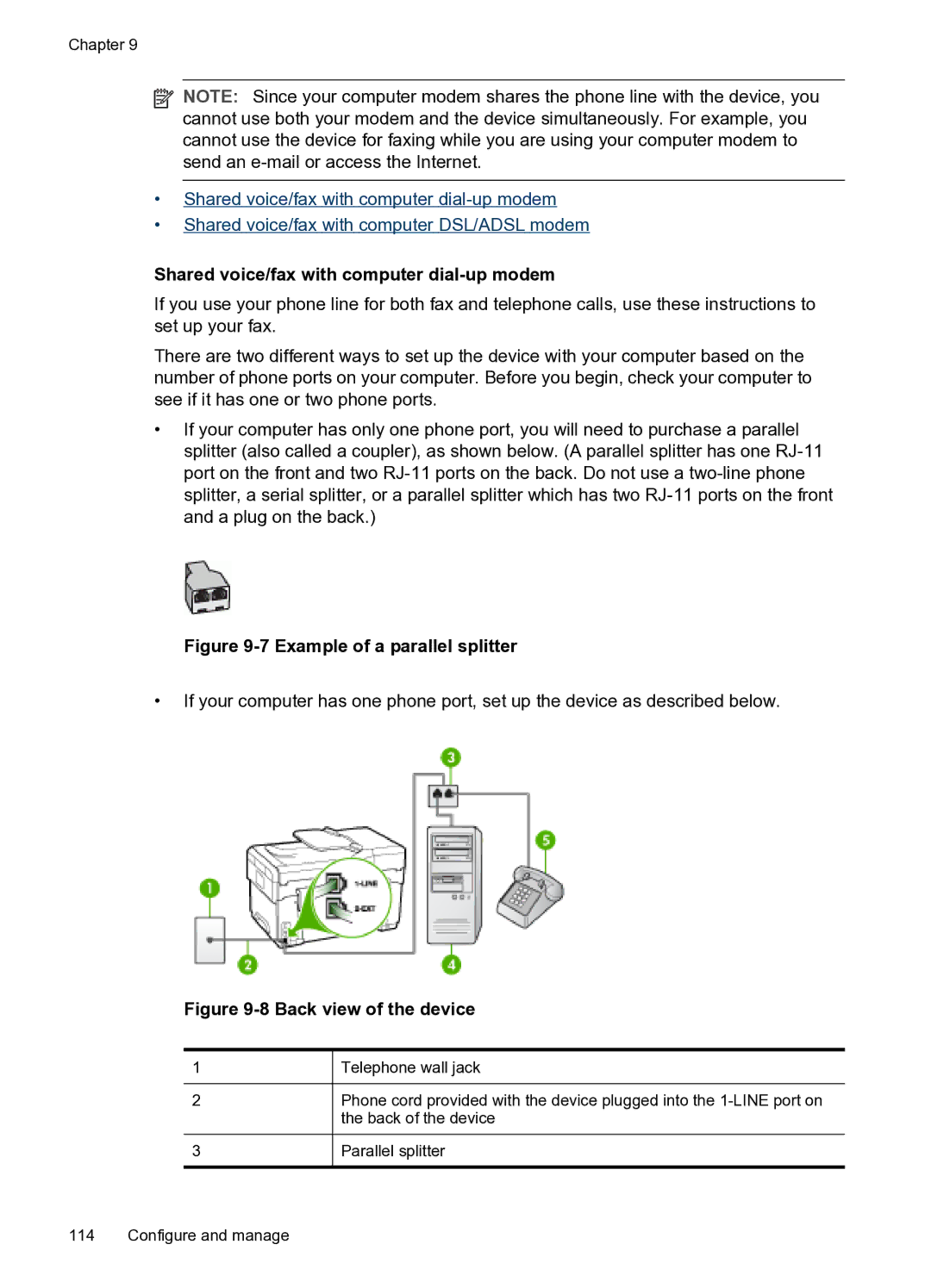 HP PRO L7500 manual Shared voice/fax with computer dial-up modem, Example of a parallel splitter 