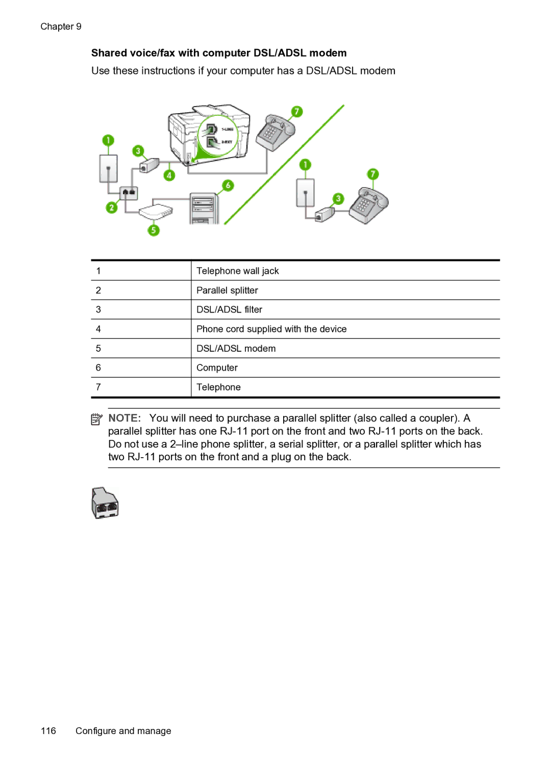 HP PRO L7500 manual Shared voice/fax with computer DSL/ADSL modem 