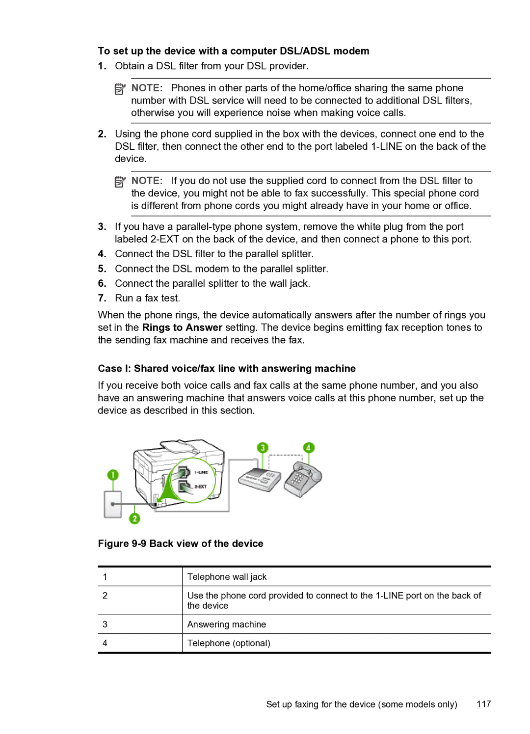 HP PRO L7500 manual Case I Shared voice/fax line with answering machine, Back view of the device 