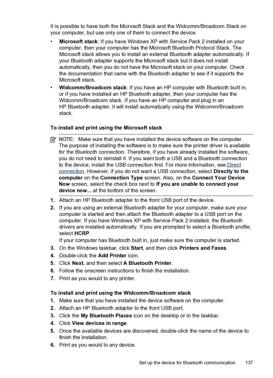 HP PRO L7500 manual To install and print using the Microsoft stack, To install and print using the Widcomm/Broadcom stack 