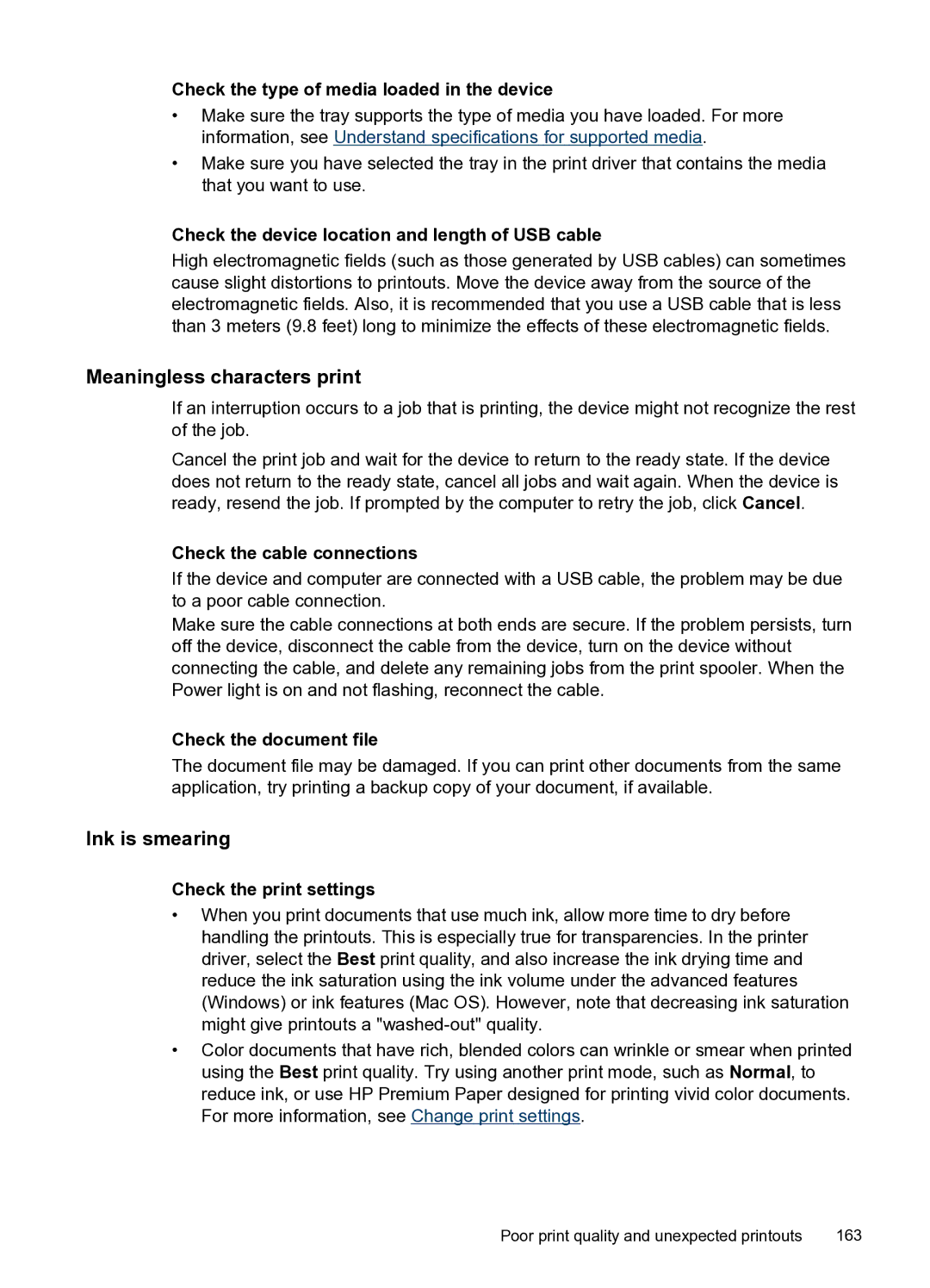 HP PRO L7500 manual Meaningless characters print, Ink is smearing, Check the type of media loaded in the device 