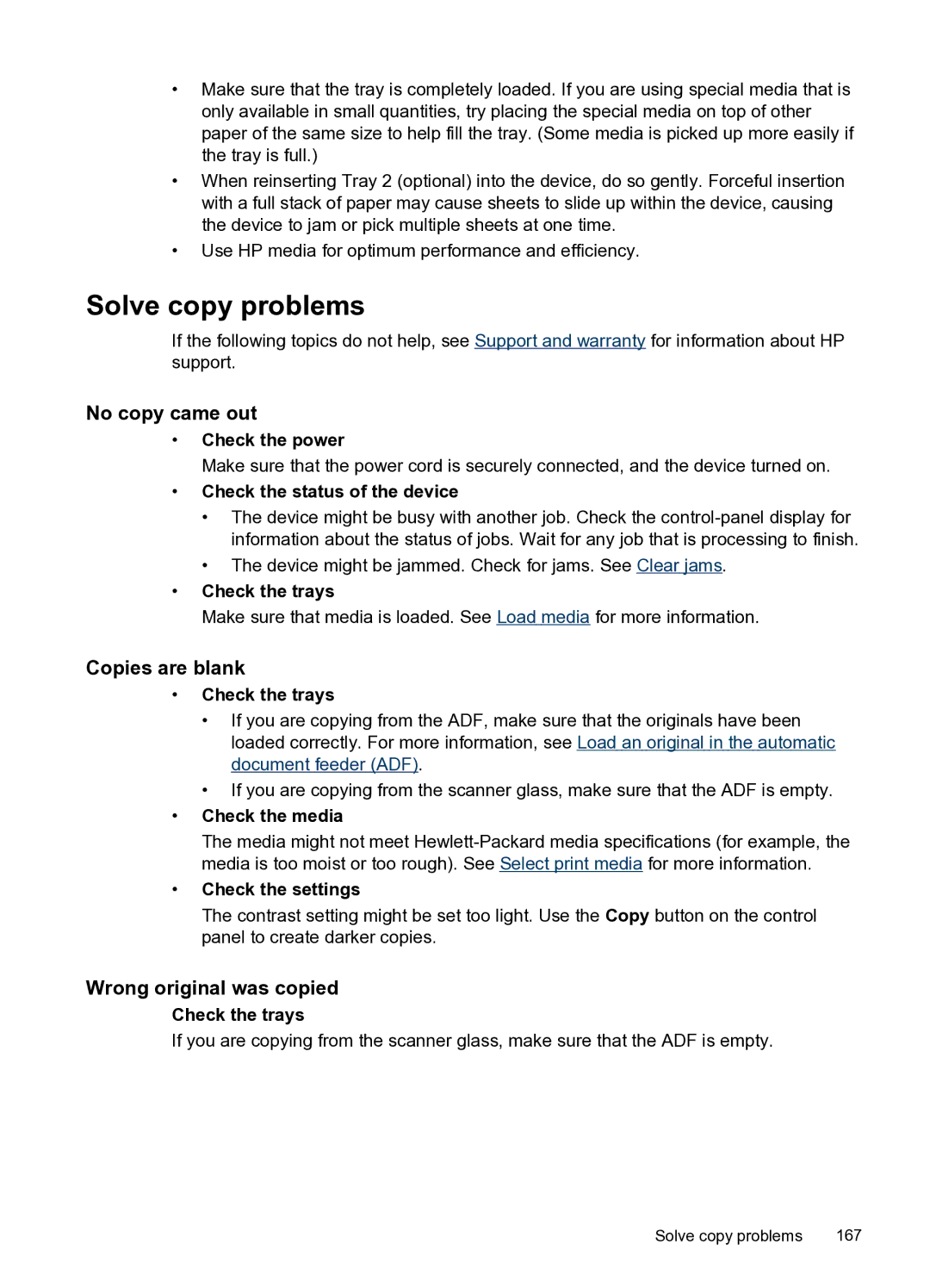 HP PRO L7500 manual Solve copy problems, No copy came out, Copies are blank, Wrong original was copied 