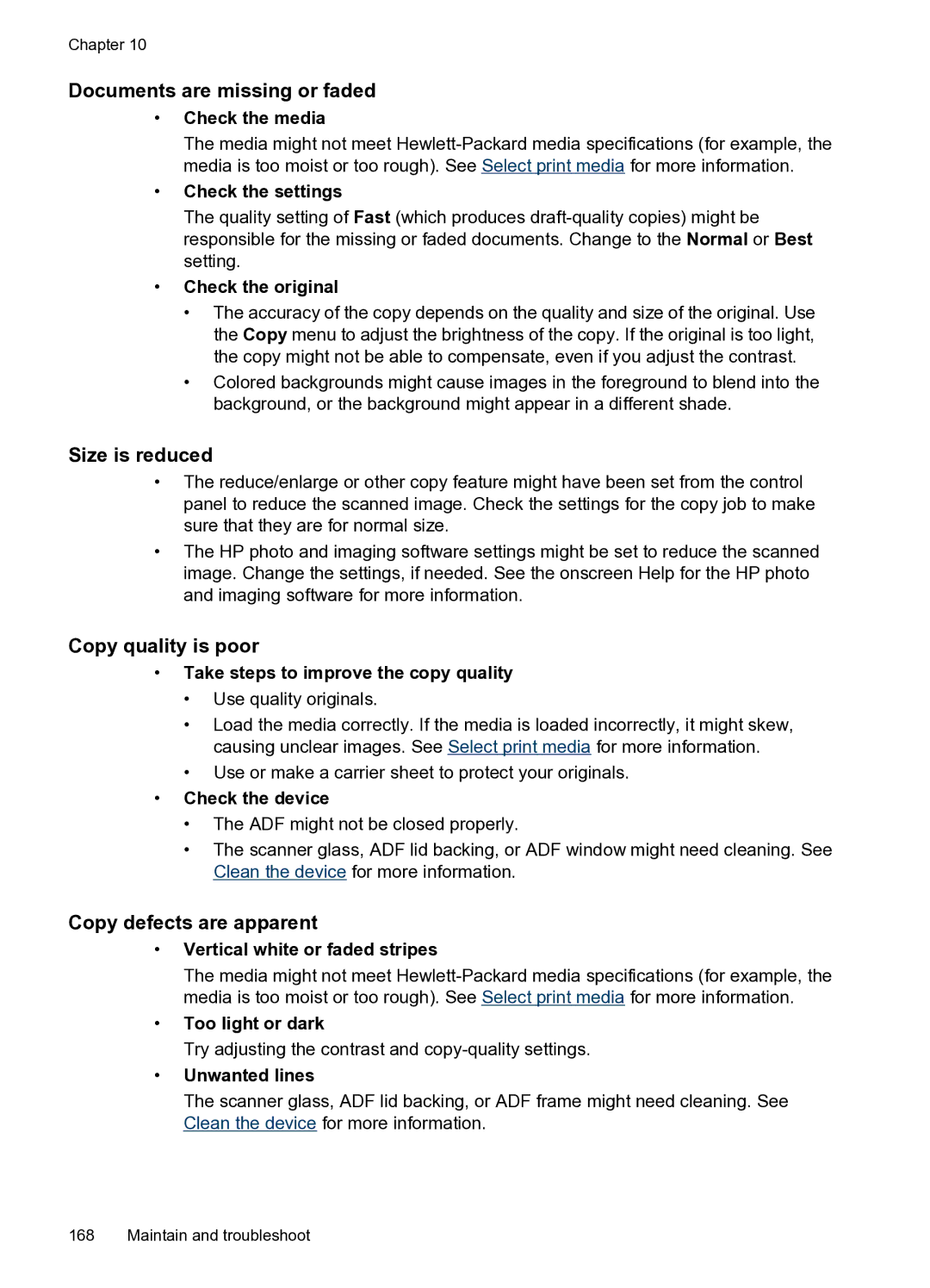 HP PRO L7500 manual Documents are missing or faded, Size is reduced, Copy quality is poor, Copy defects are apparent 