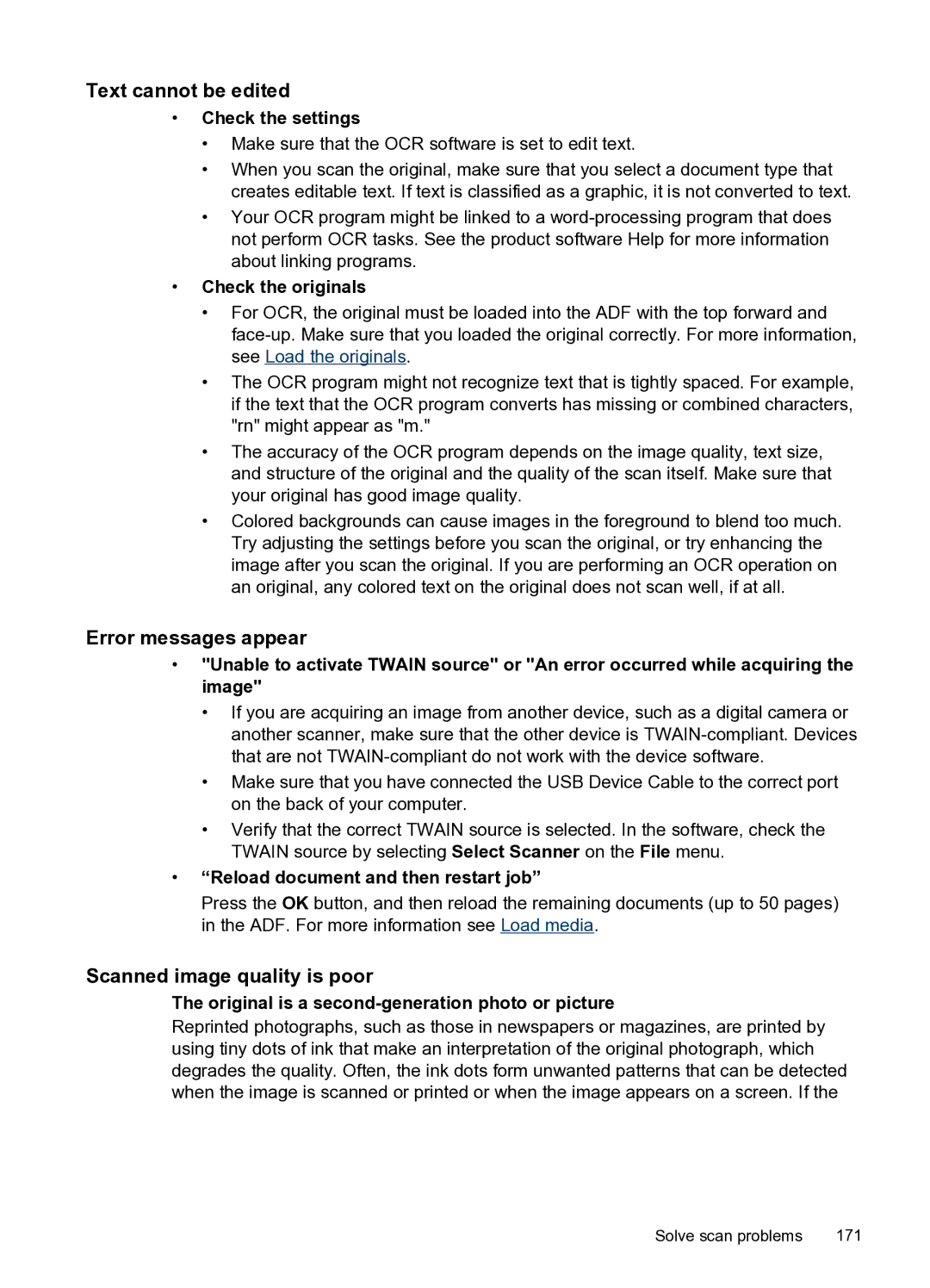 HP PRO L7500 manual Text cannot be edited, Scanned image quality is poor, Check the originals 