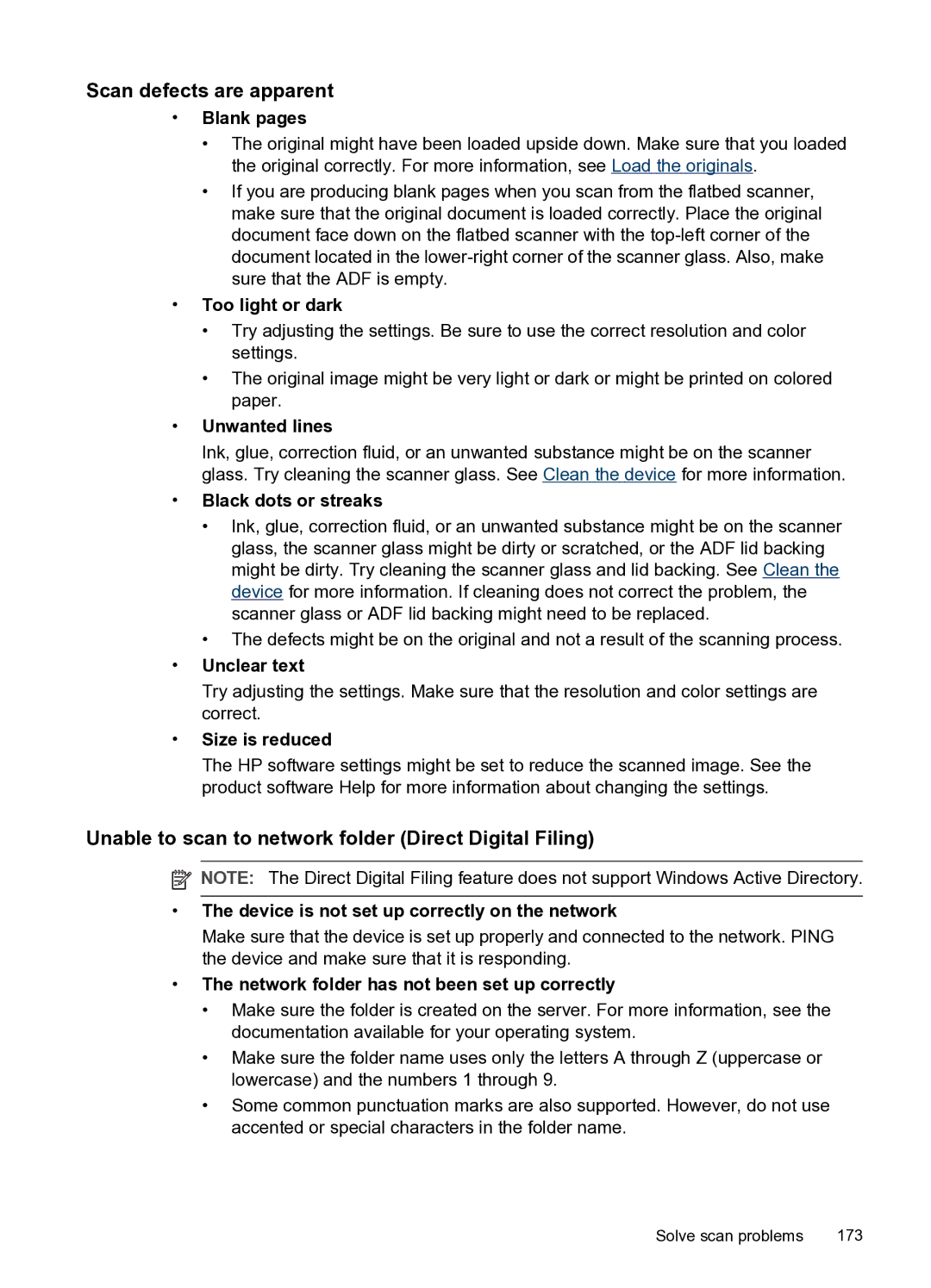 HP PRO L7500 manual Scan defects are apparent, Unable to scan to network folder Direct Digital Filing 